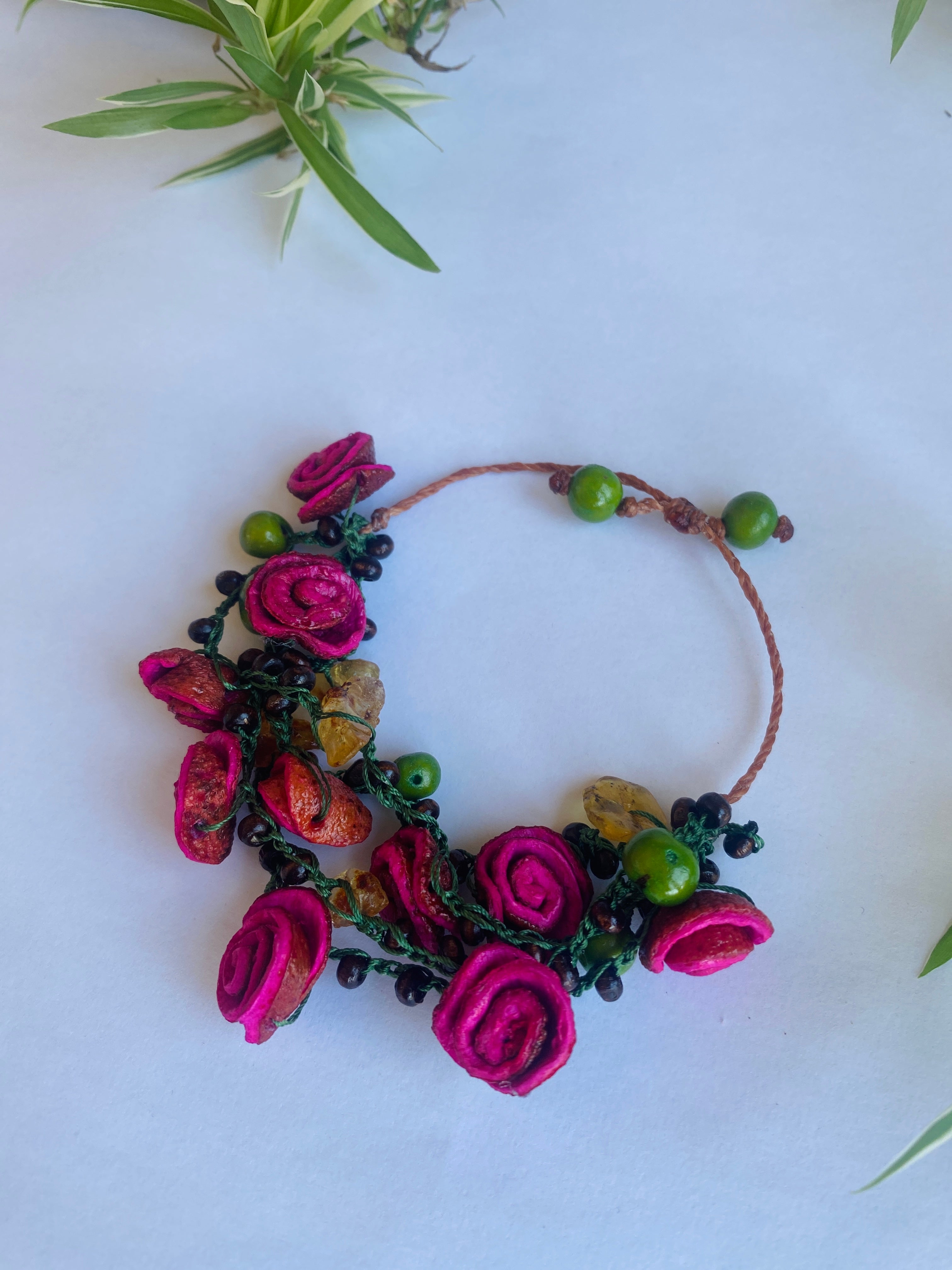 Green and Pink Orange Peel Roses Bracelet