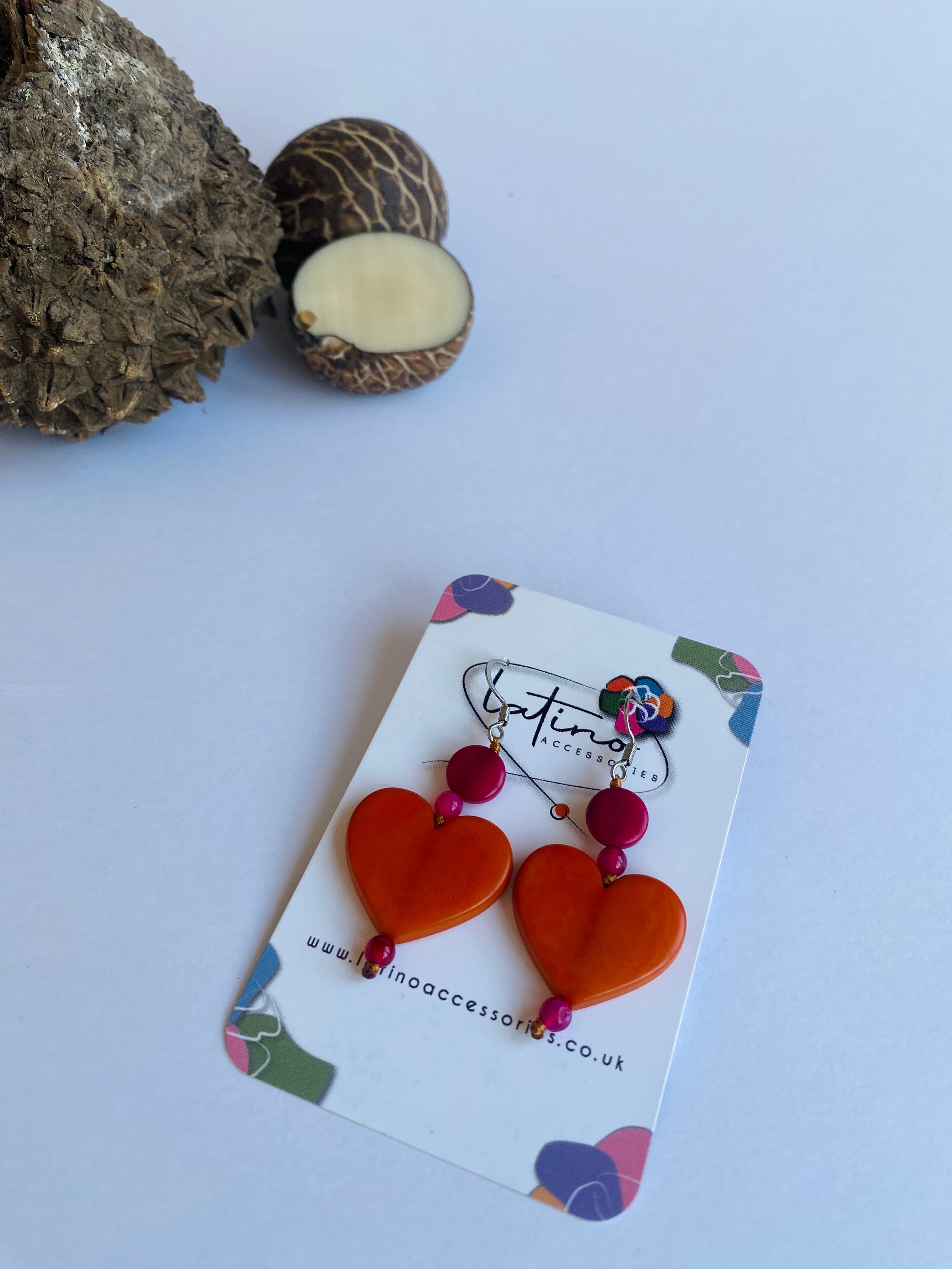Orange Tagua Hearts Earrings