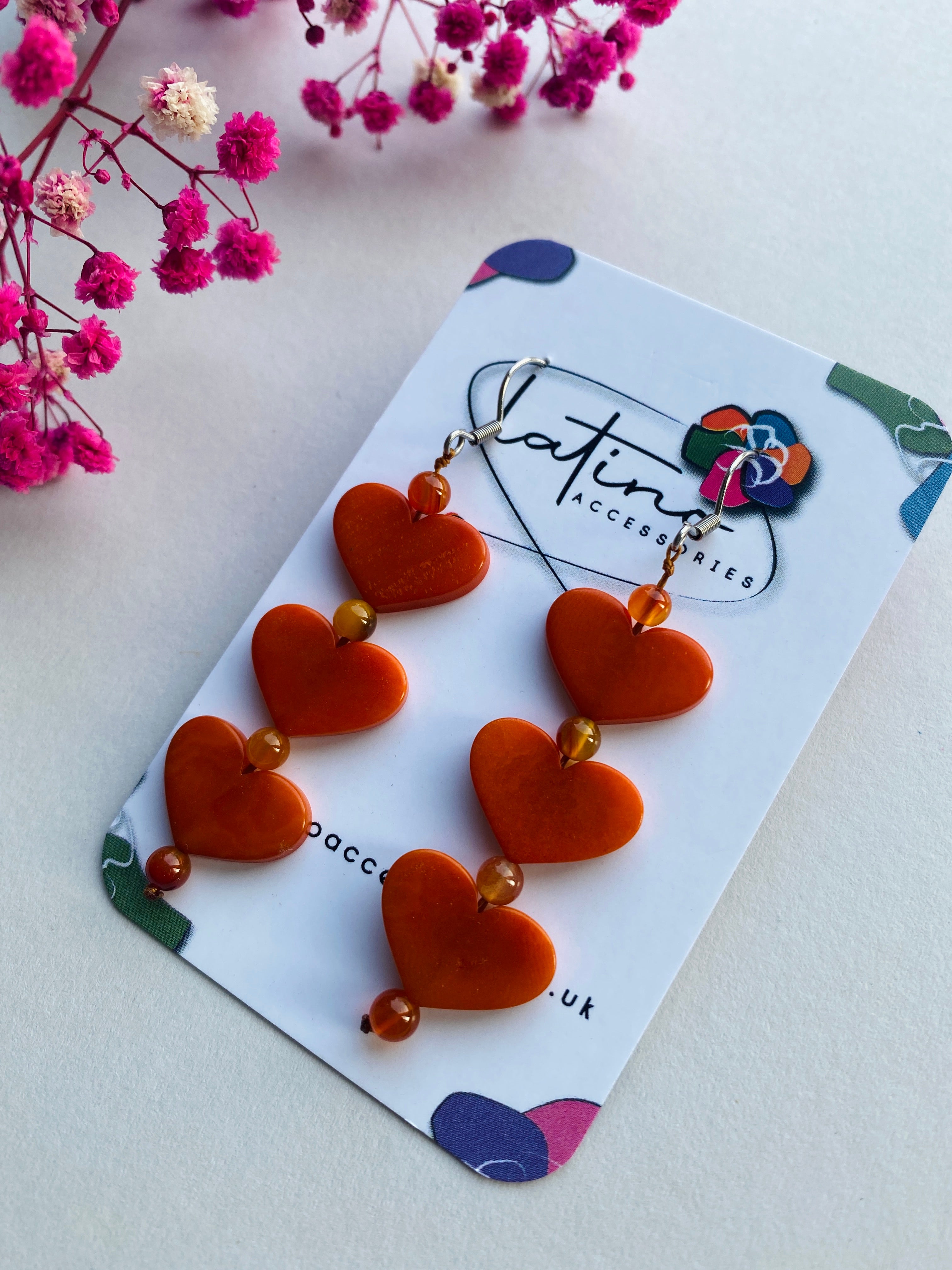 Three Hearts Tagua Earrings - Orange