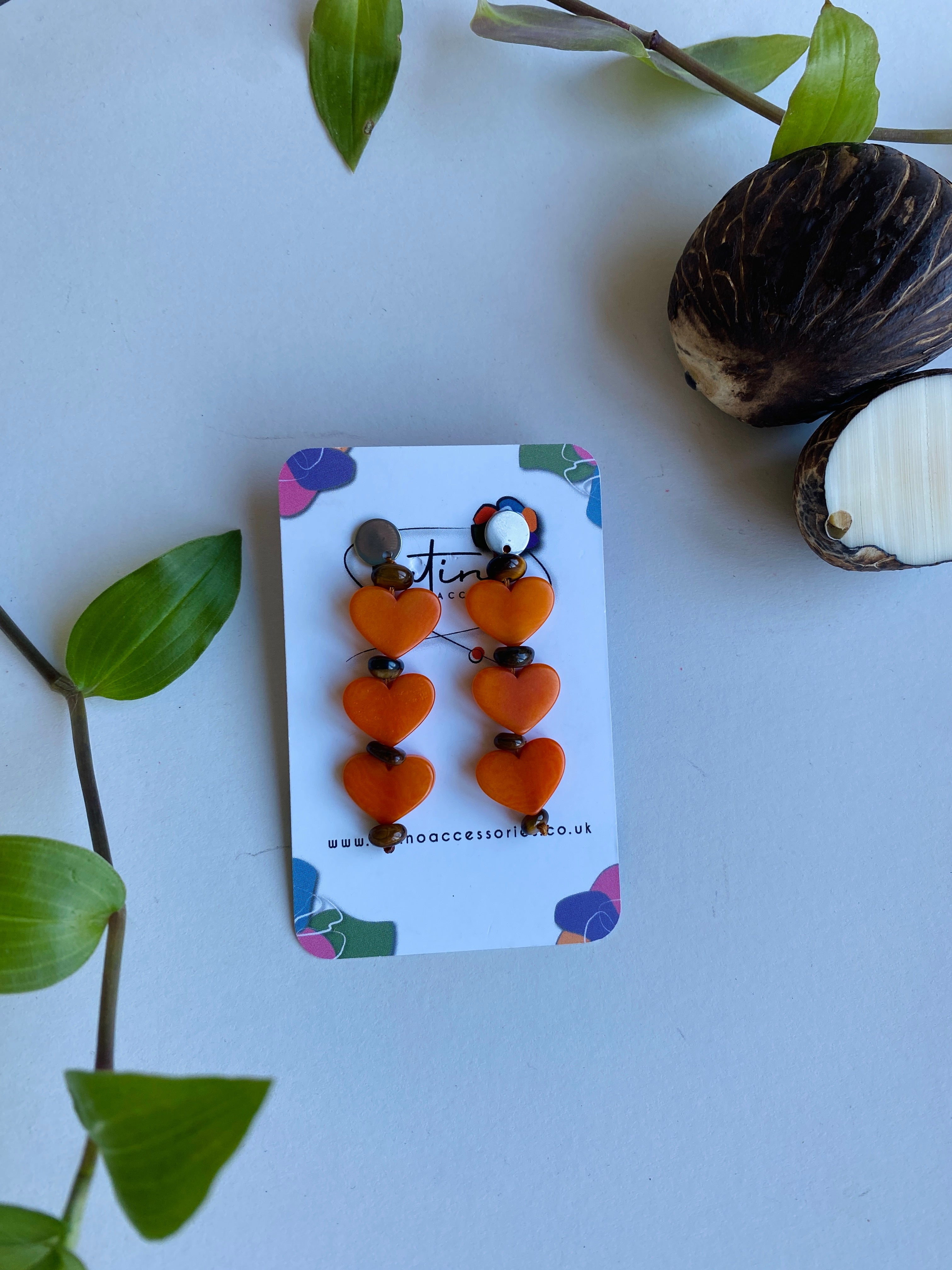 Three Hearts Tagua Earrings - Orange