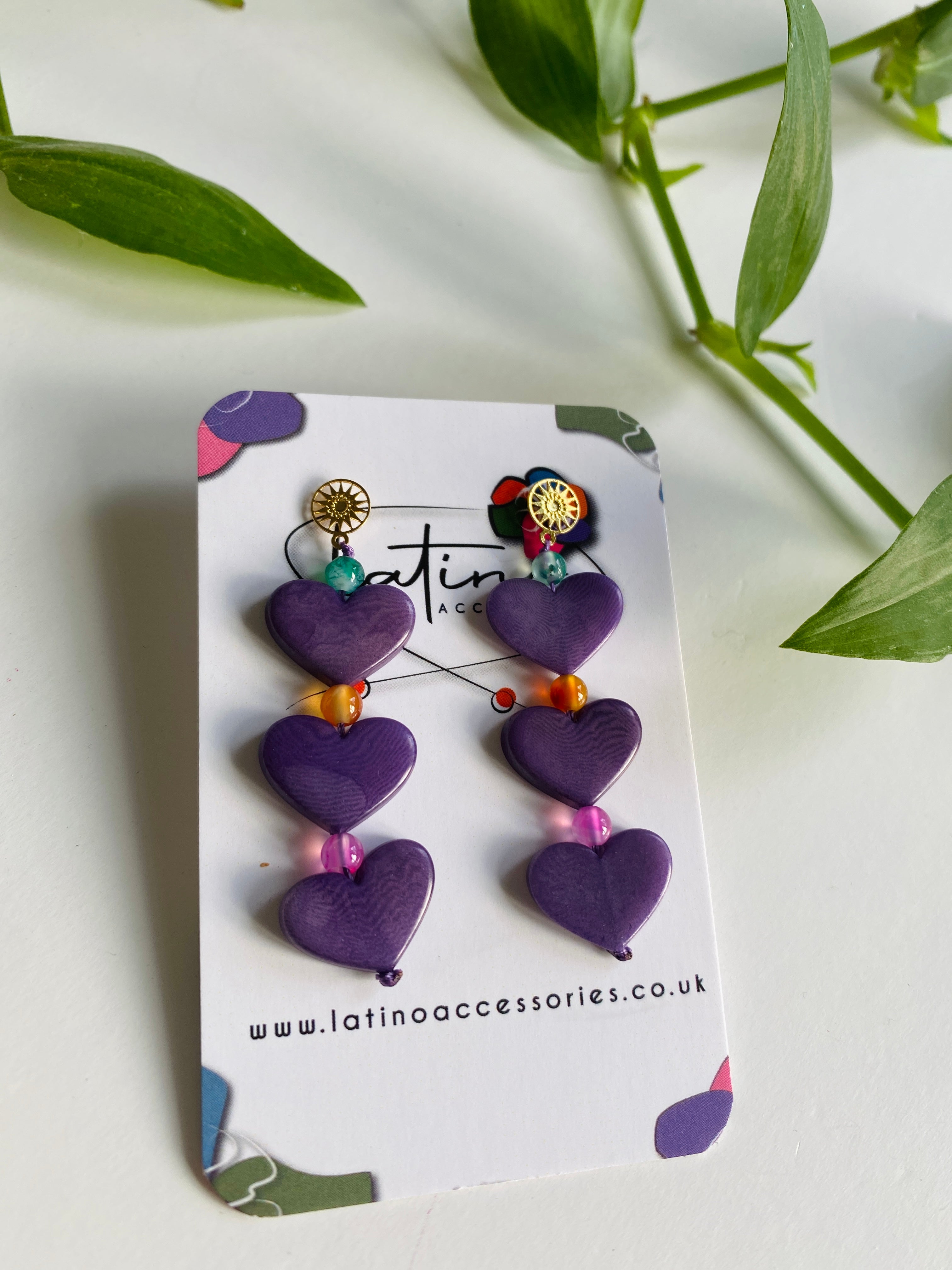 Three Hearts Tagua Earrings - Purple