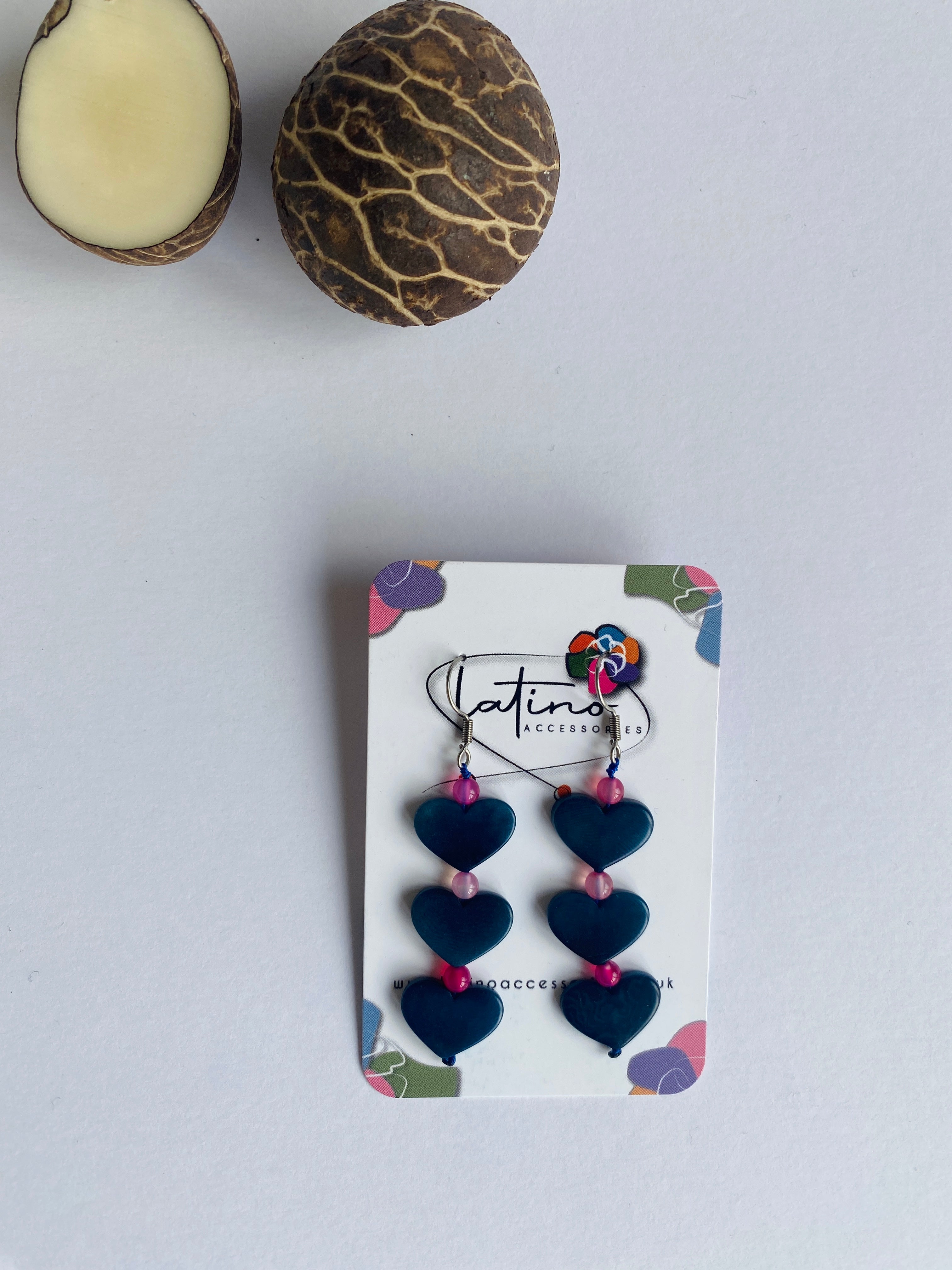 Blue Three Hearts Tagua Earrings