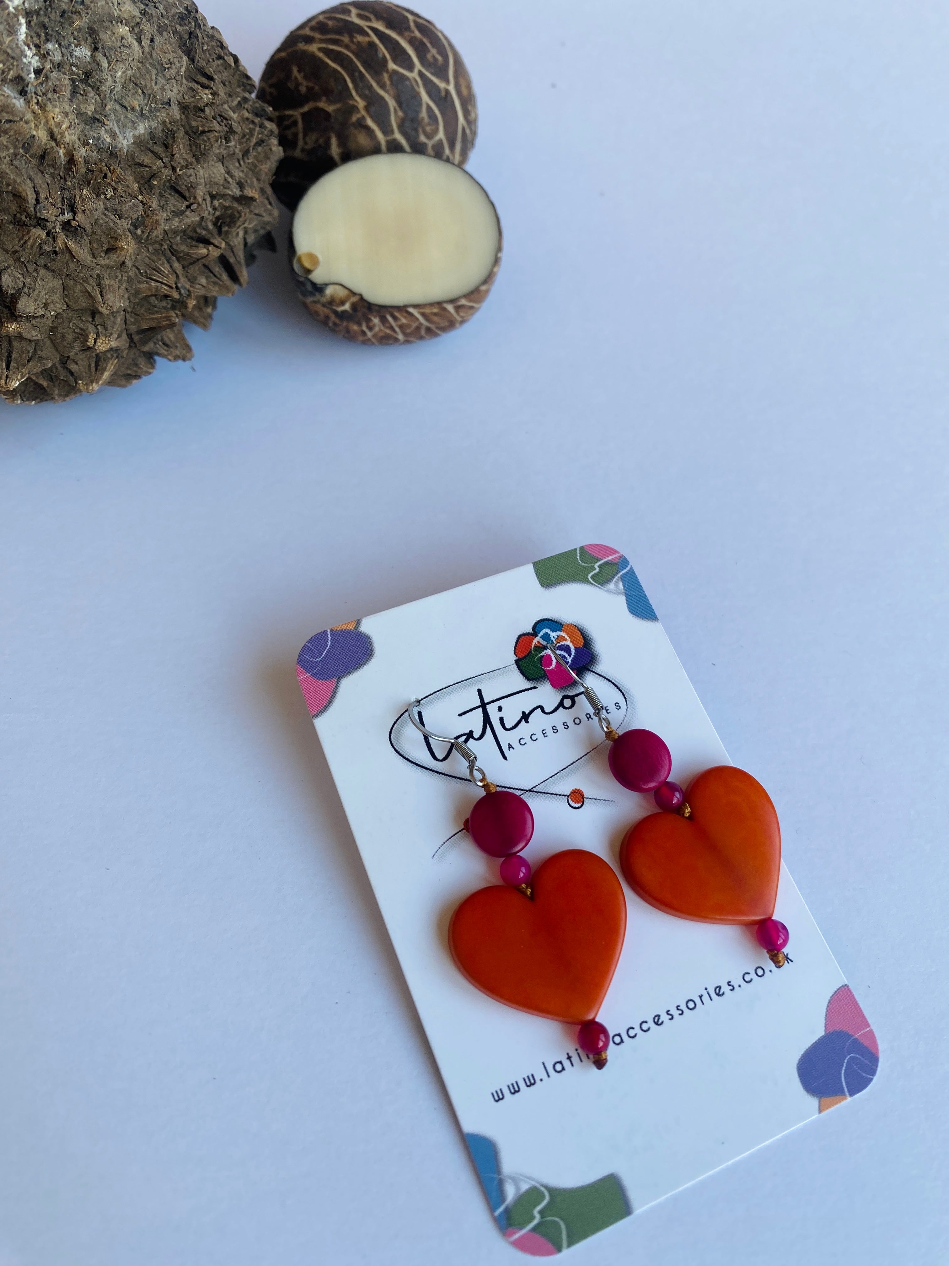 Orange Tagua Hearts Earrings