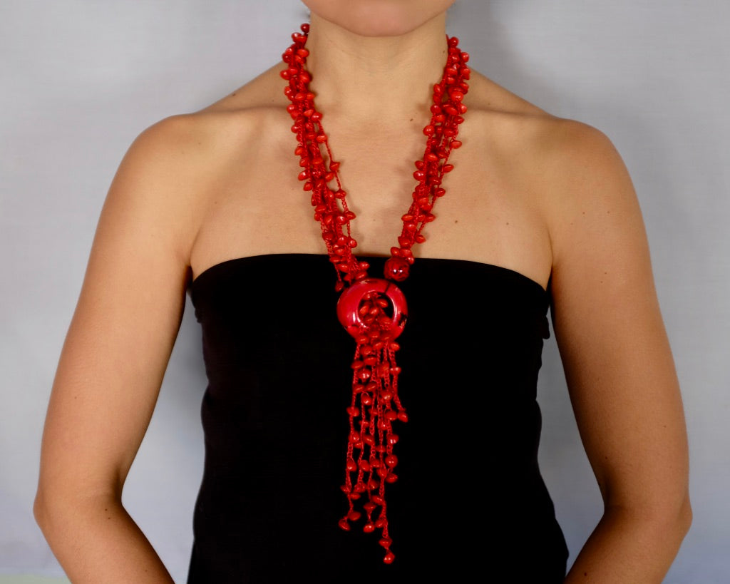 Red long red beans necklace set