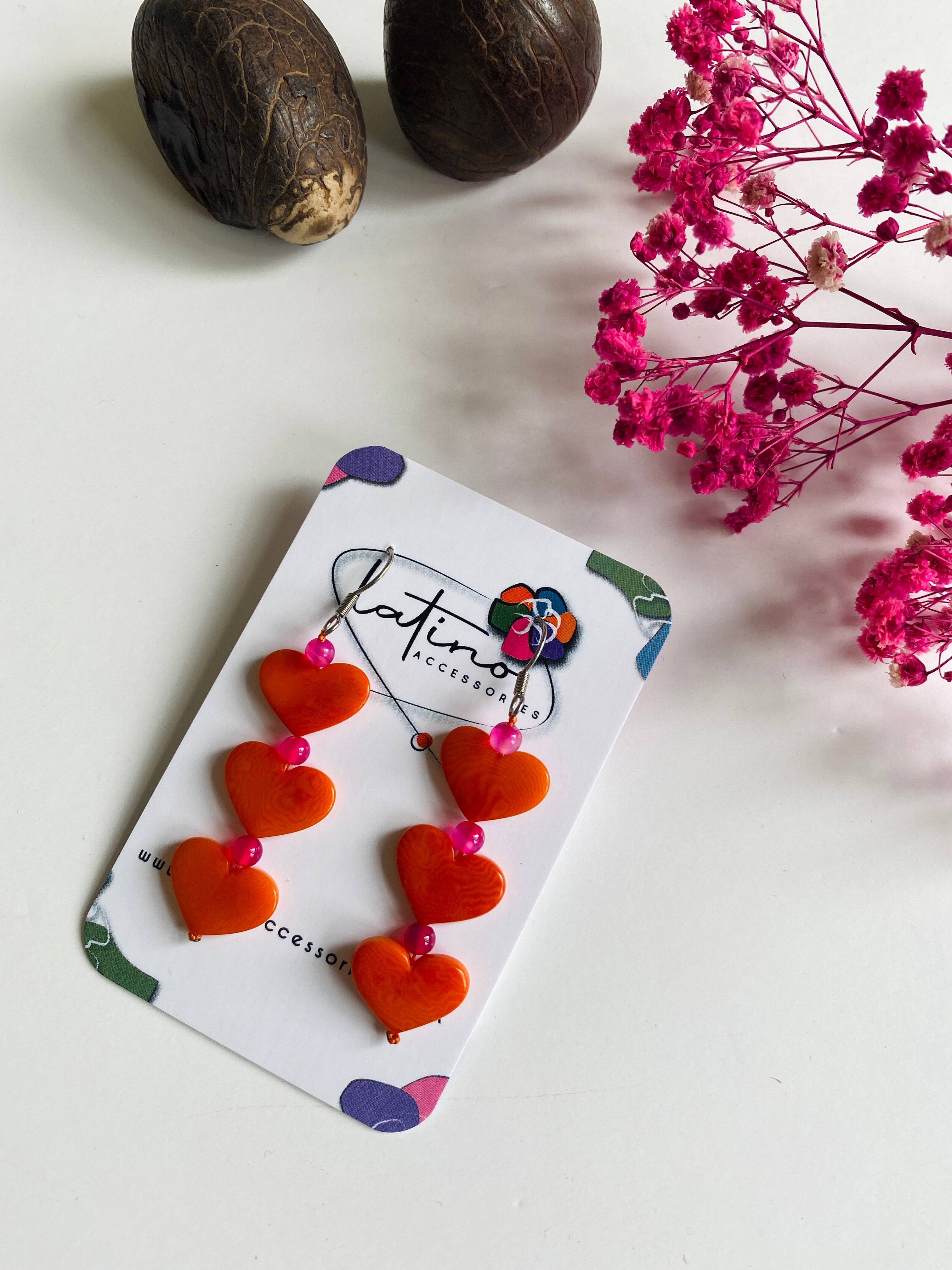 Three Hearts Tagua Earrings - Orange and Pink