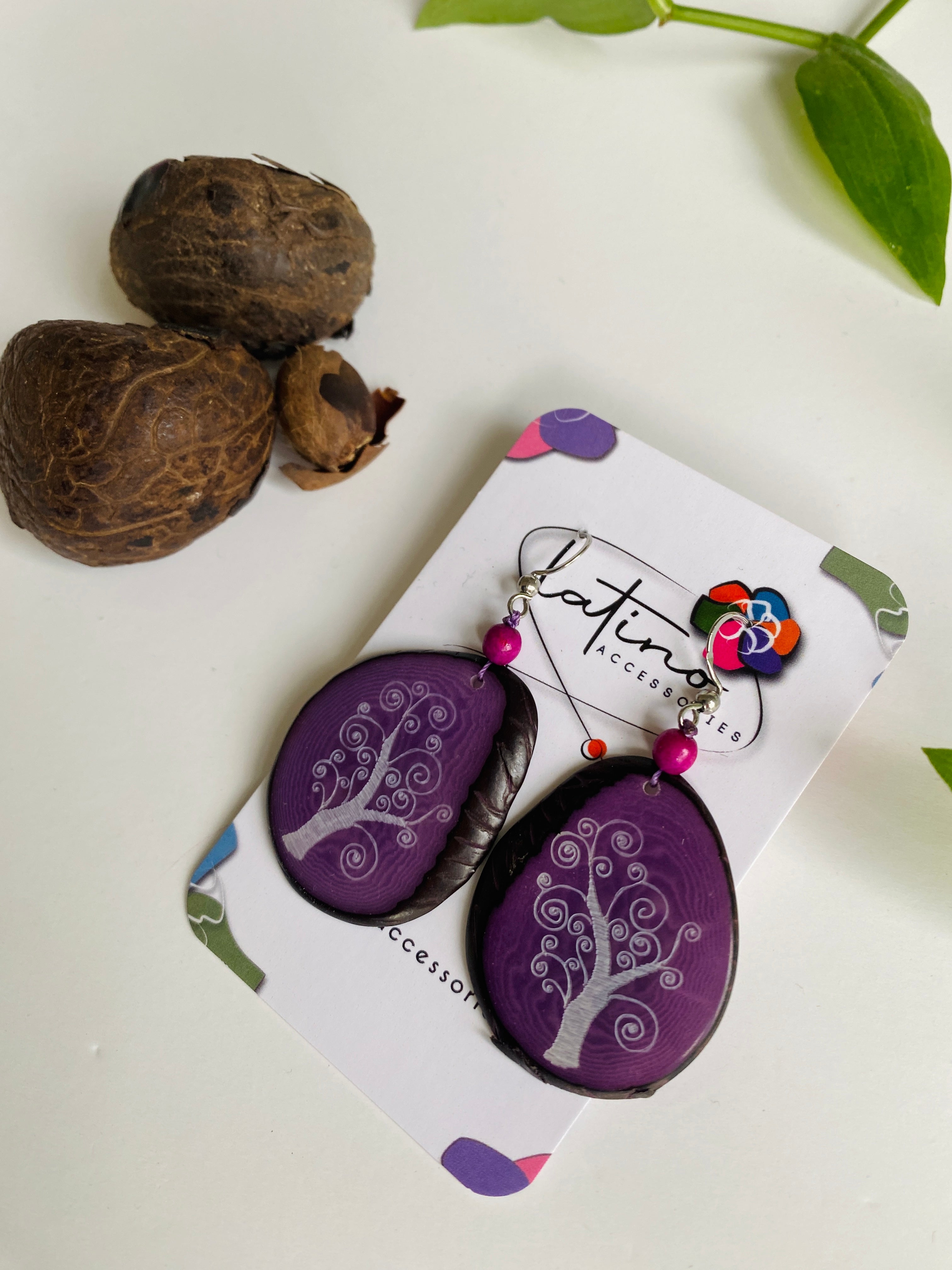 Purple Tree Tagua Earrings