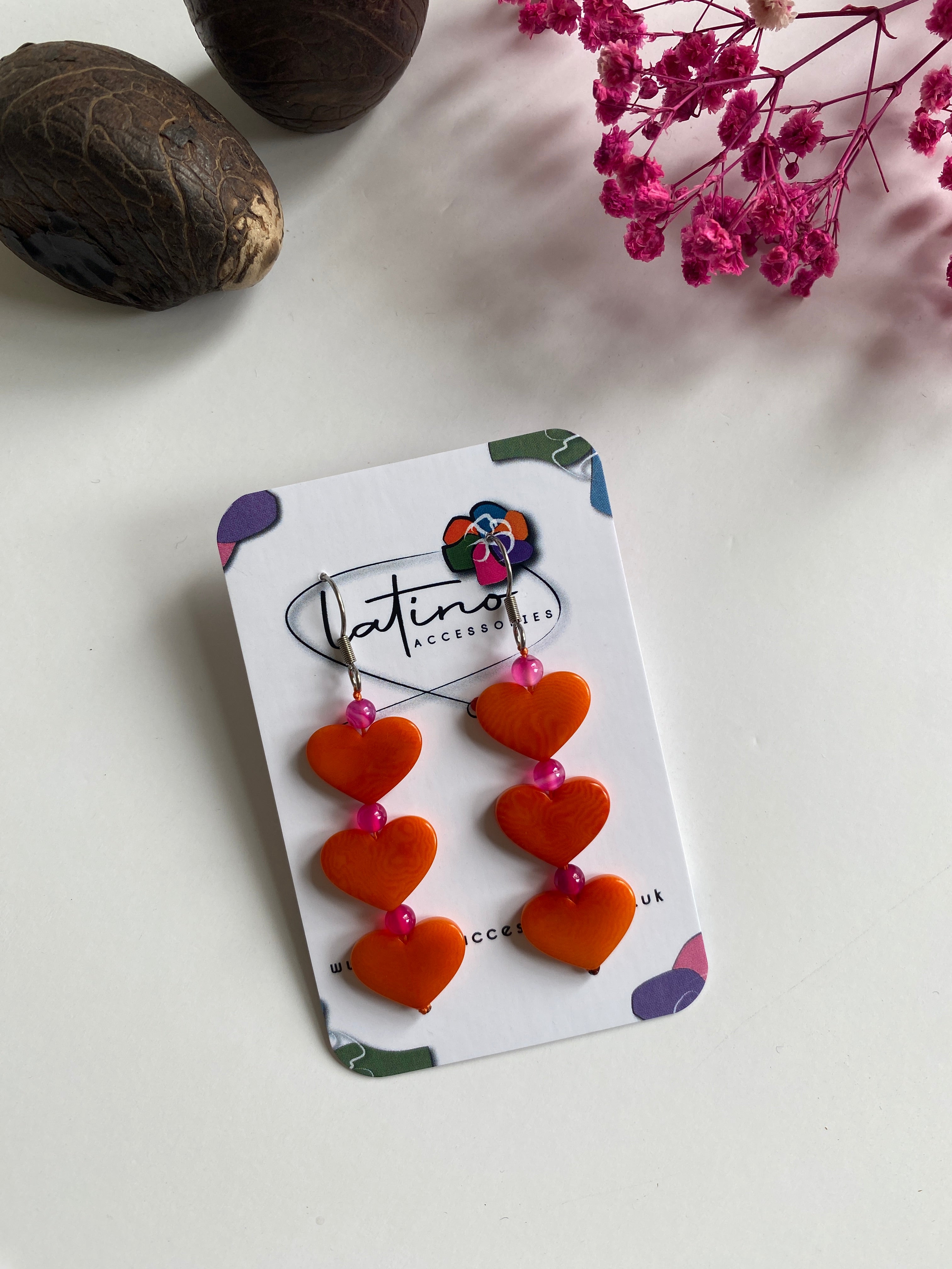 Three Hearts Tagua Earrings - Orange and Pink