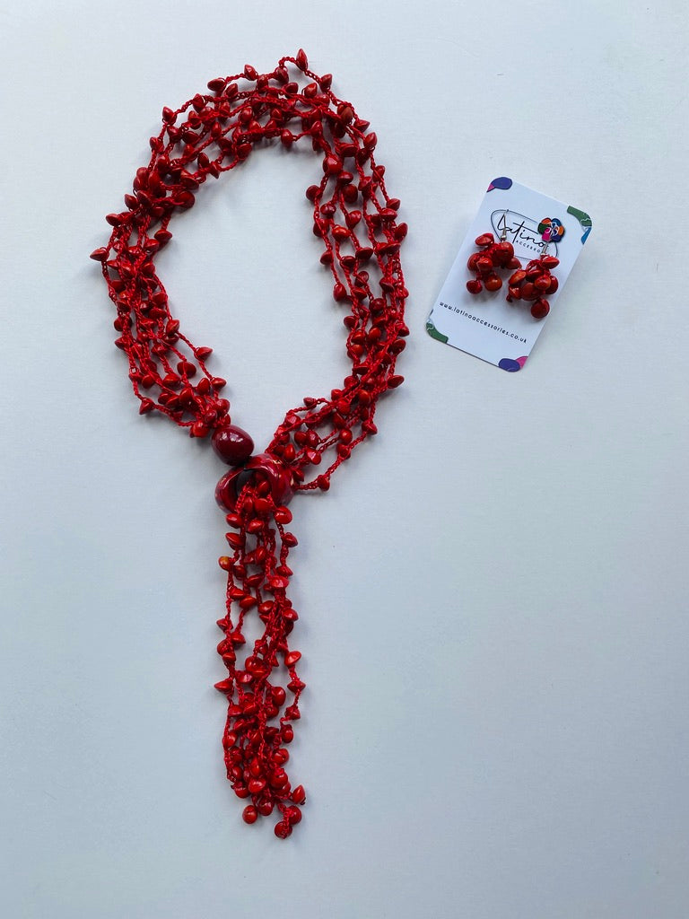 Red long red beans necklace set