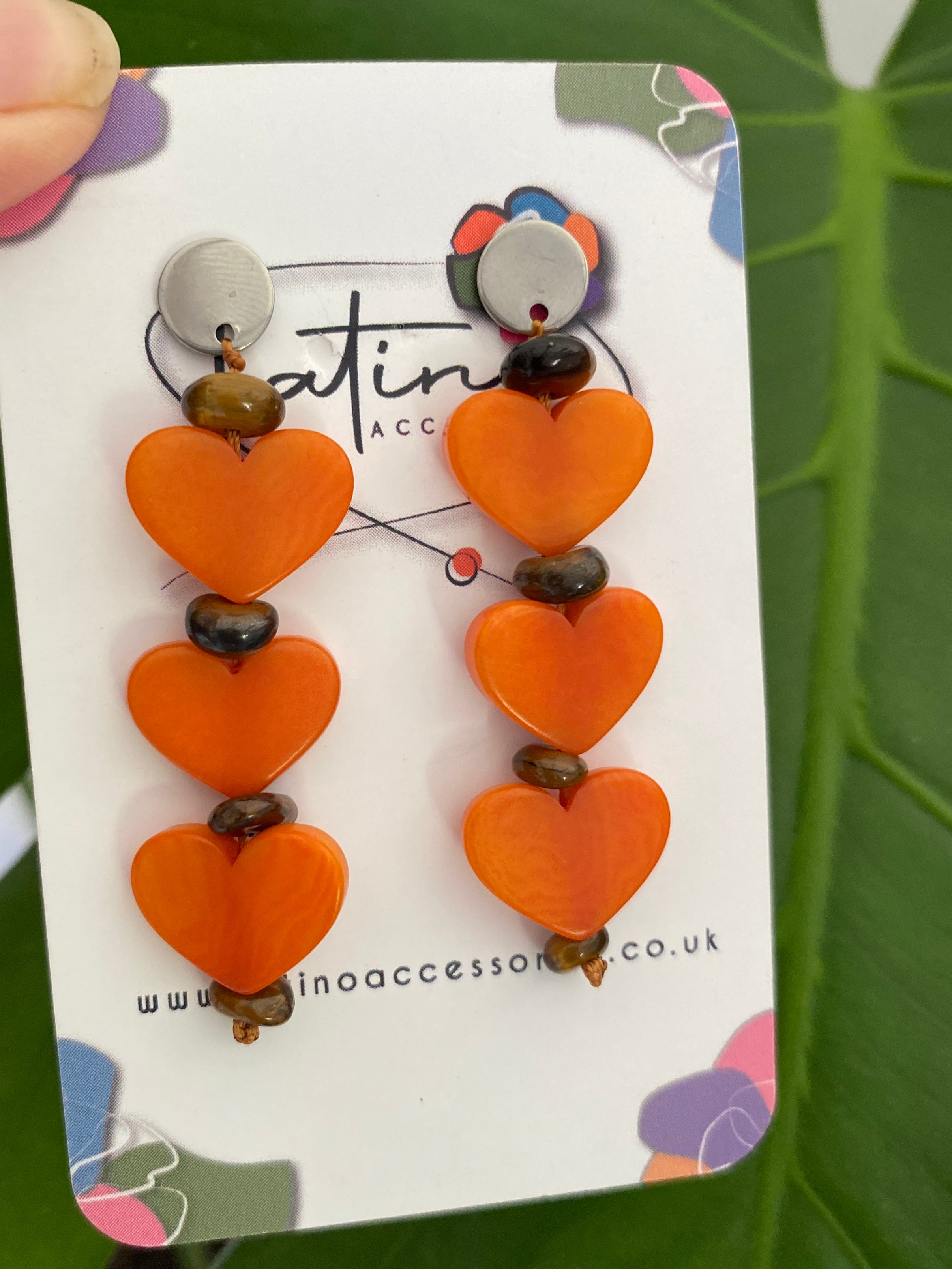 Three Hearts Tagua Earrings - Orange