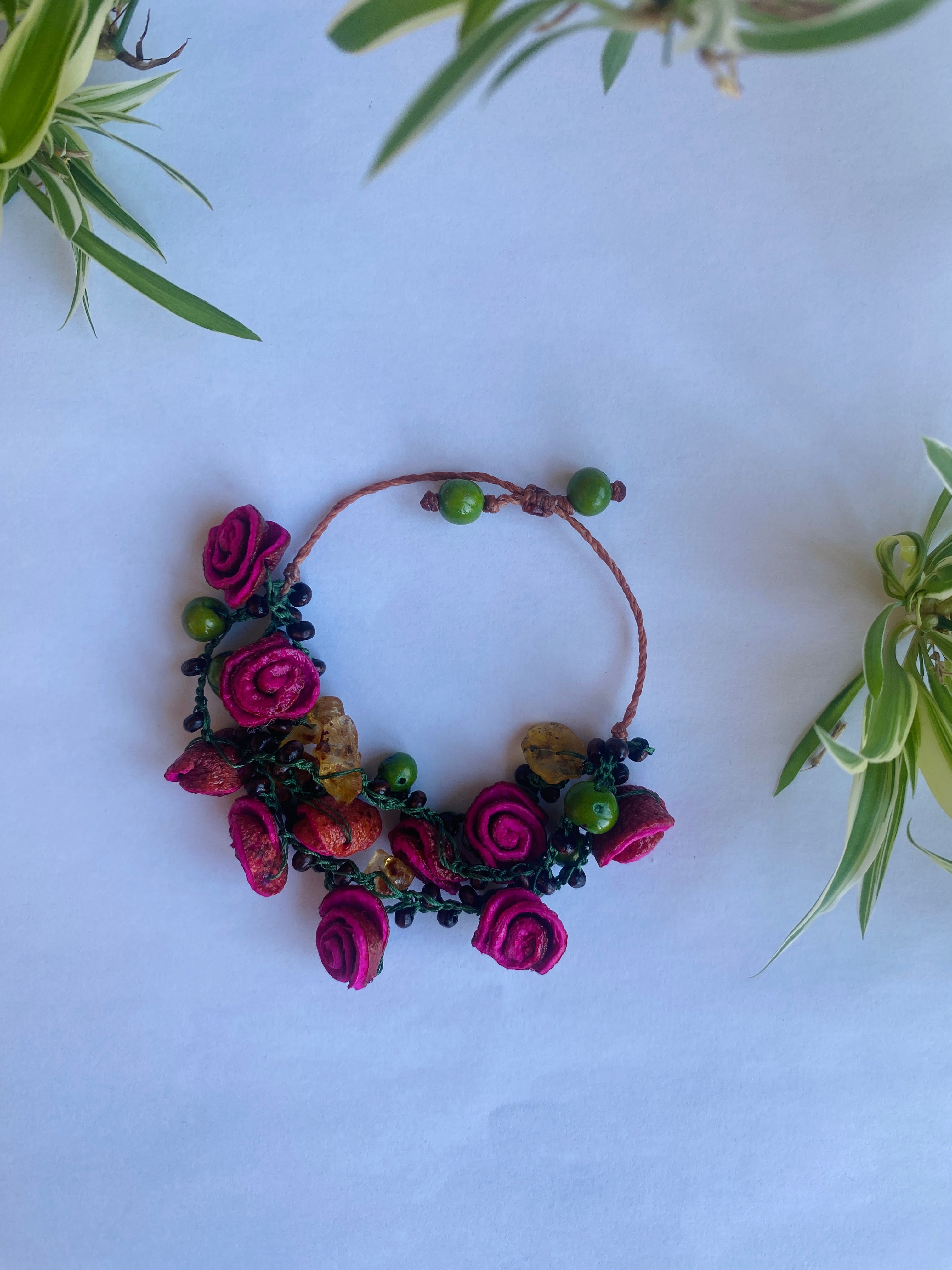 Green and Pink Orange Peel Roses Bracelet