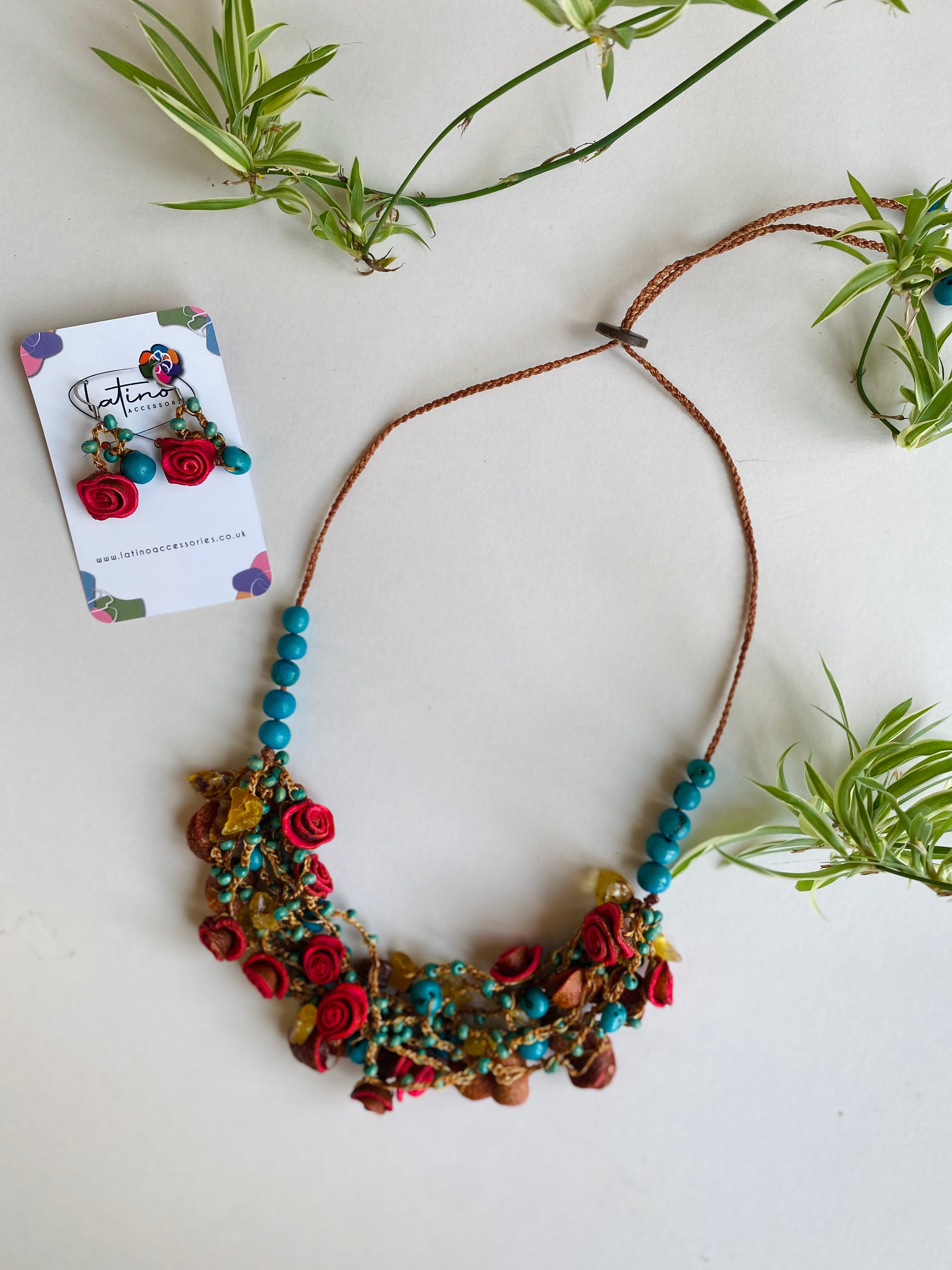 Turquoise & pink orange peel roses necklace set