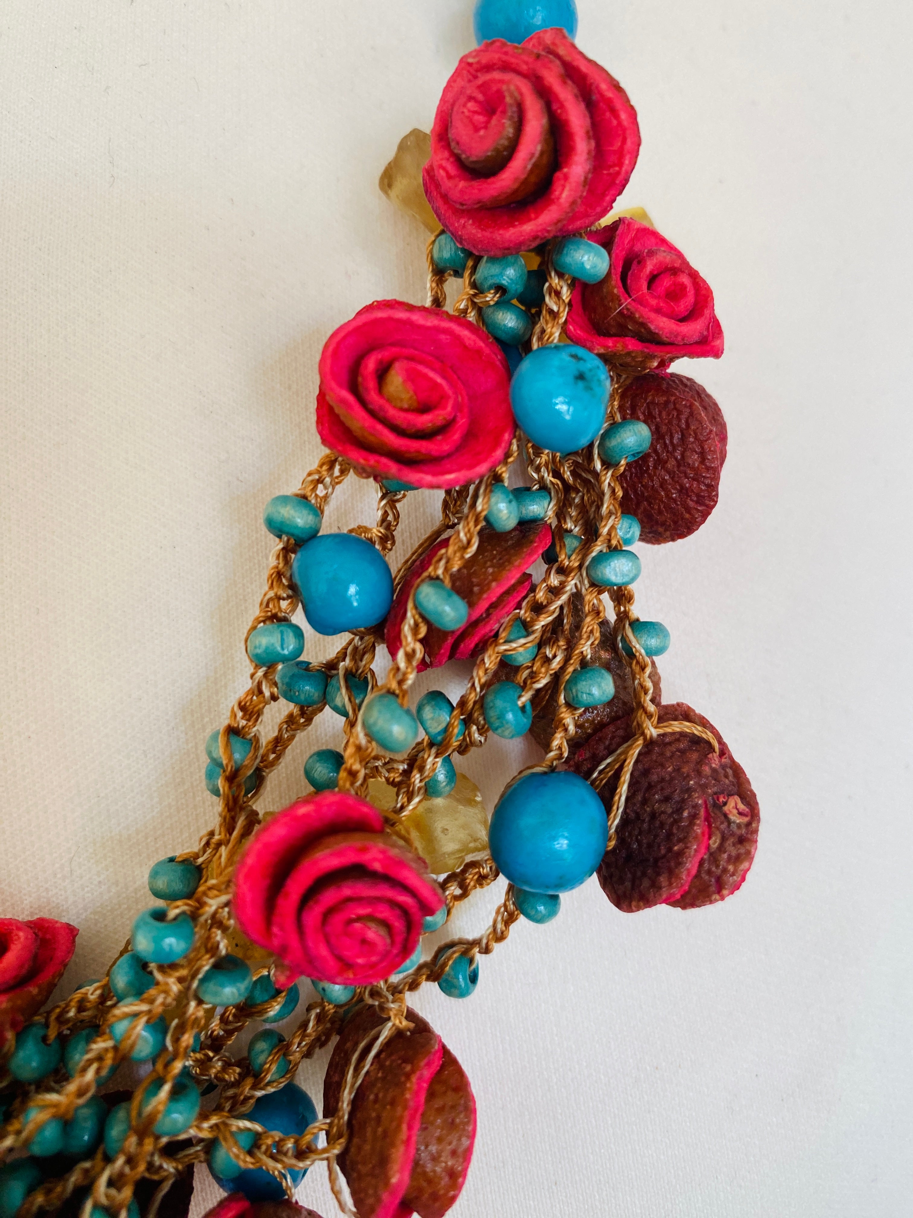 Turquoise & pink orange peel roses necklace set
