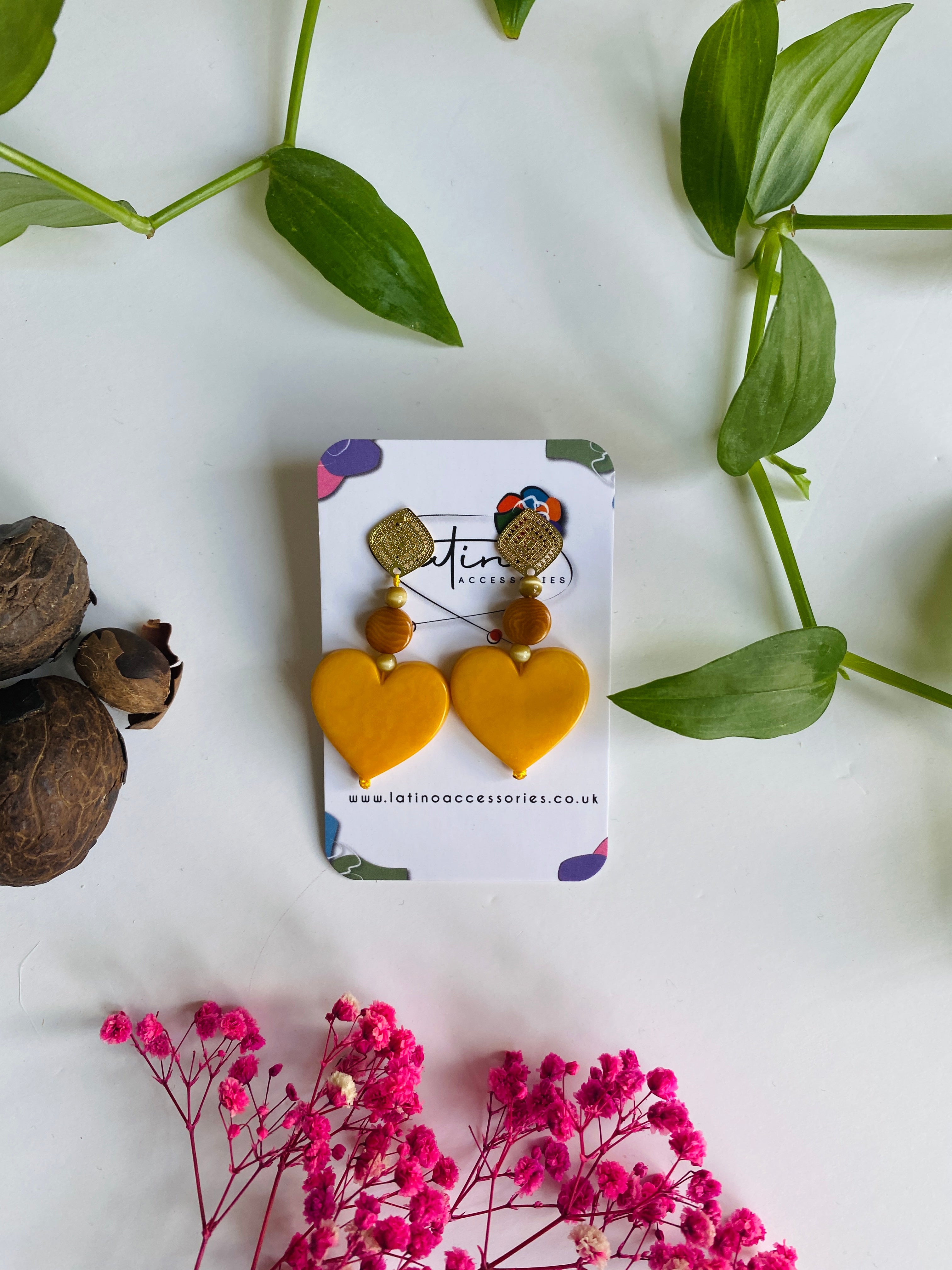 Yellow Tagua Hearts Earrings