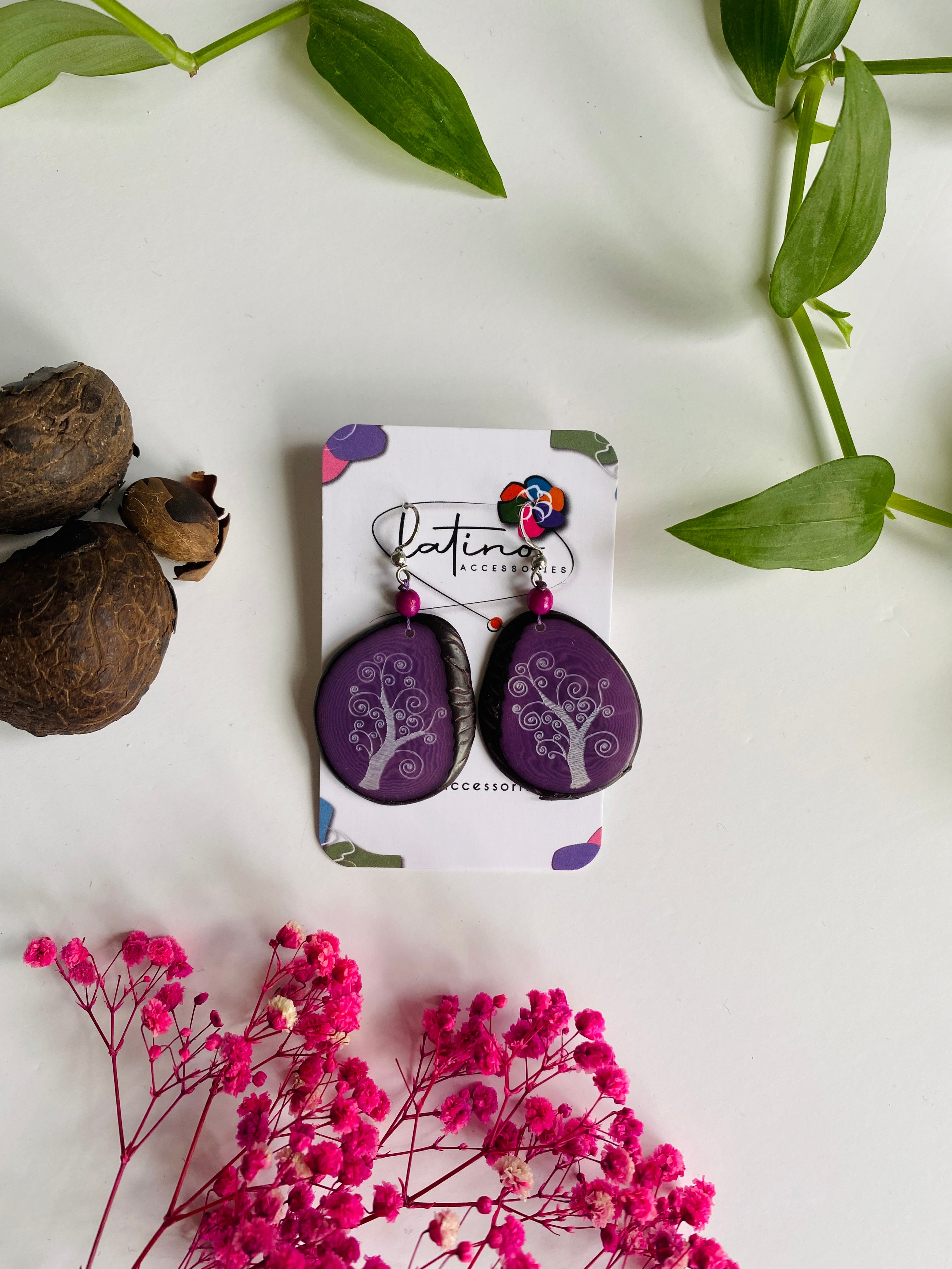 Purple Tree Tagua Earrings