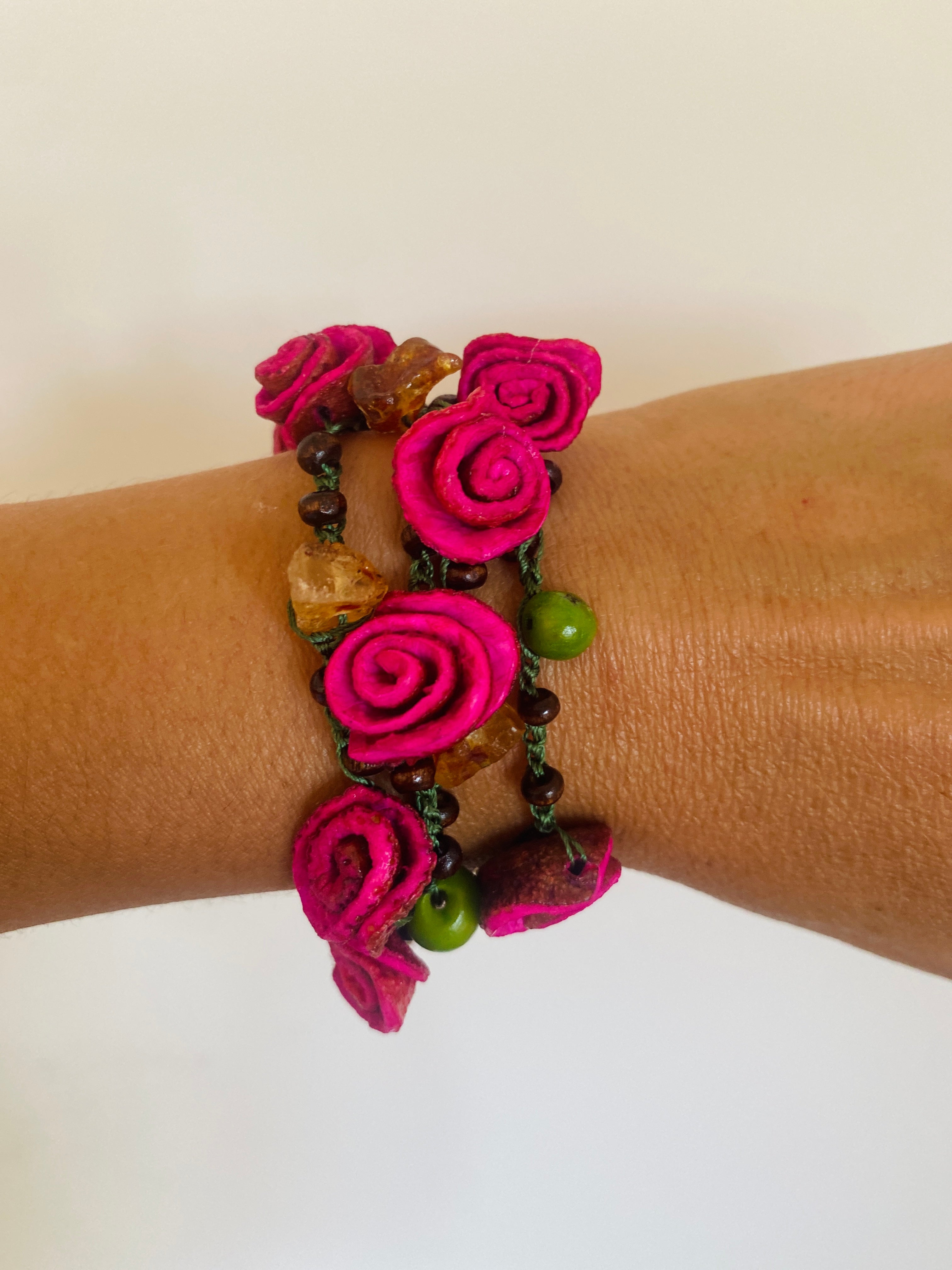 Green and Pink Orange Peel Roses Bracelet