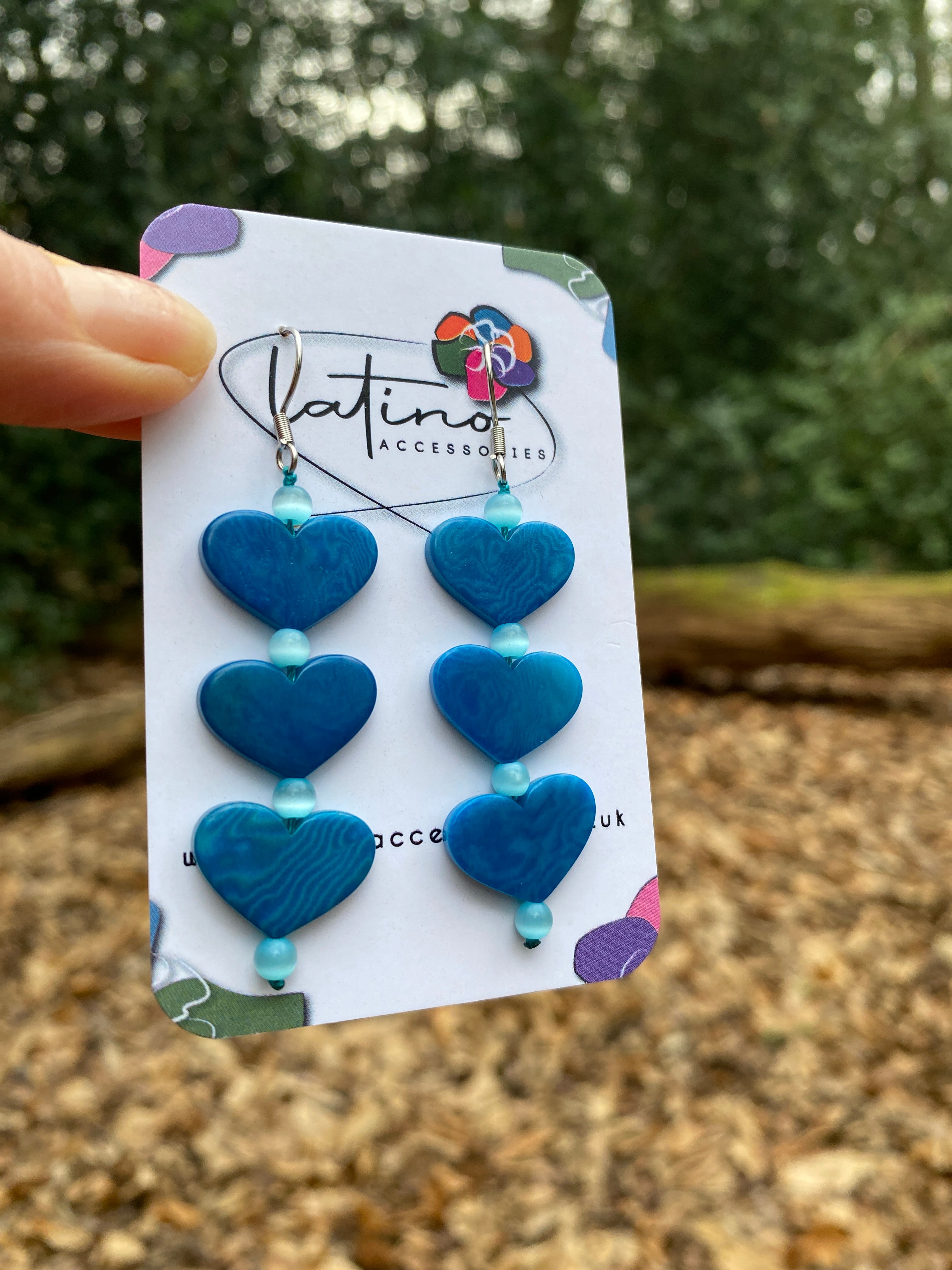 Three Hearts Tagua Earrings - Blue
