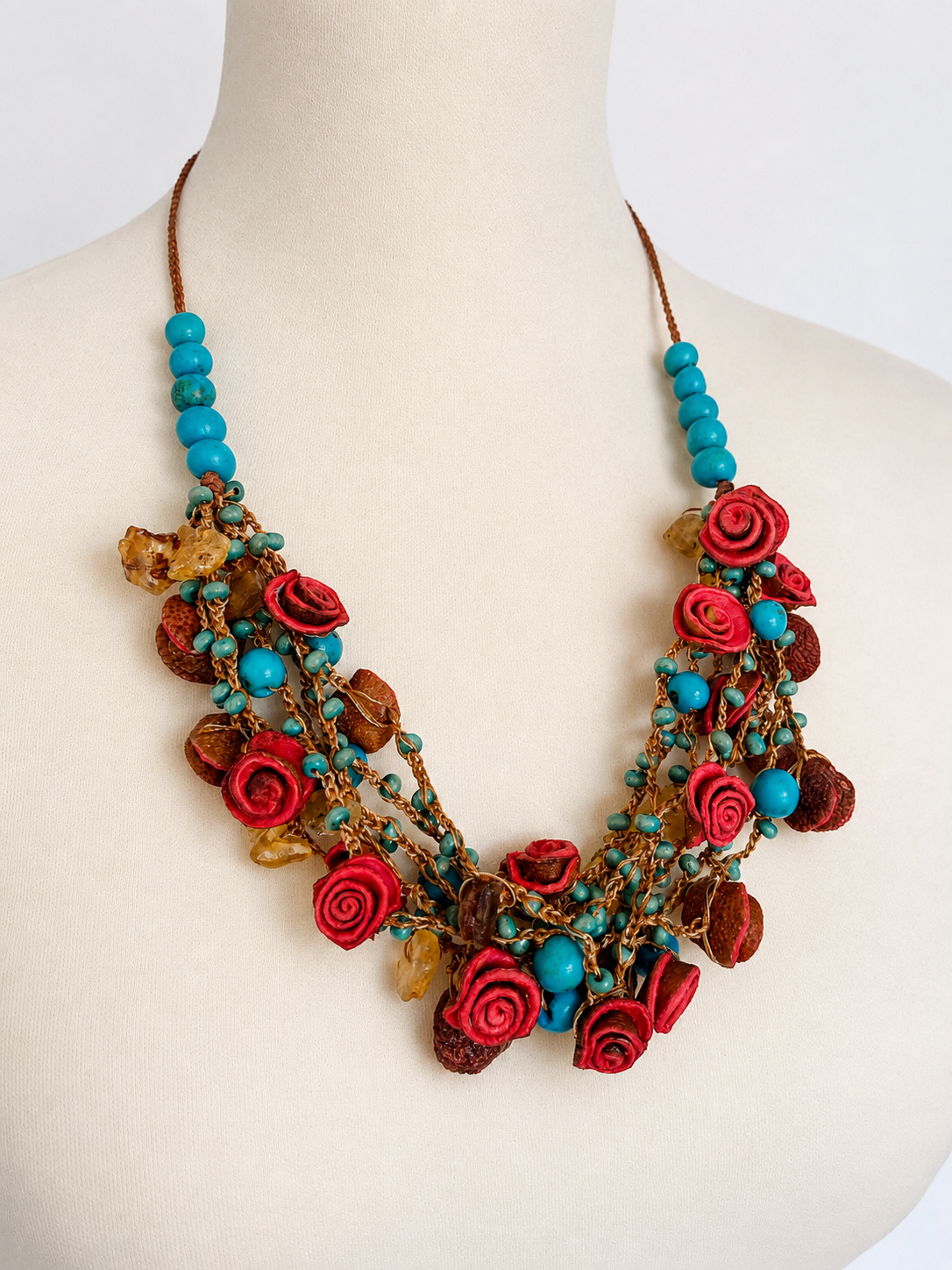 Turquoise & pink orange peel roses necklace set