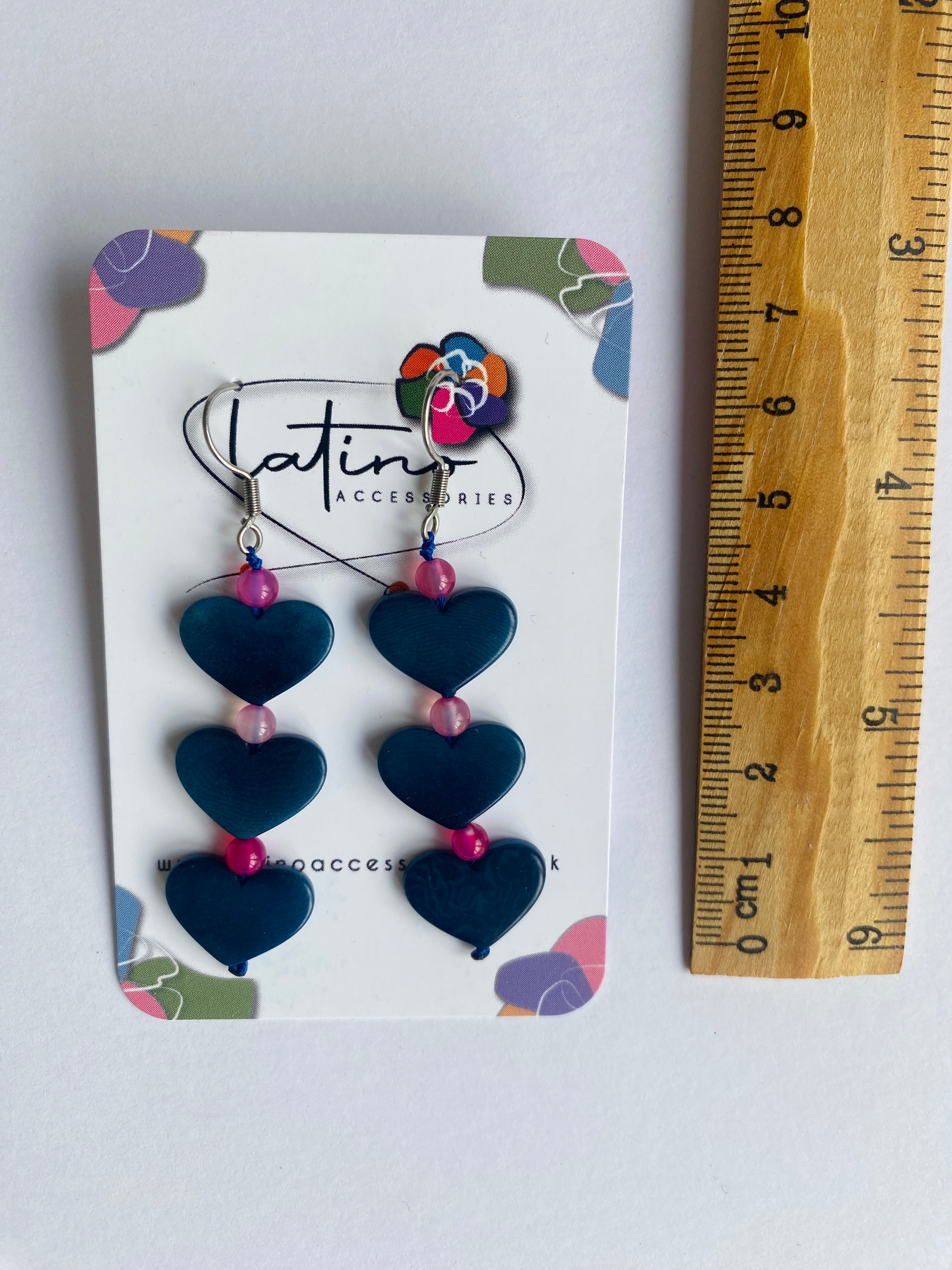 Blue Three Hearts Tagua Earrings