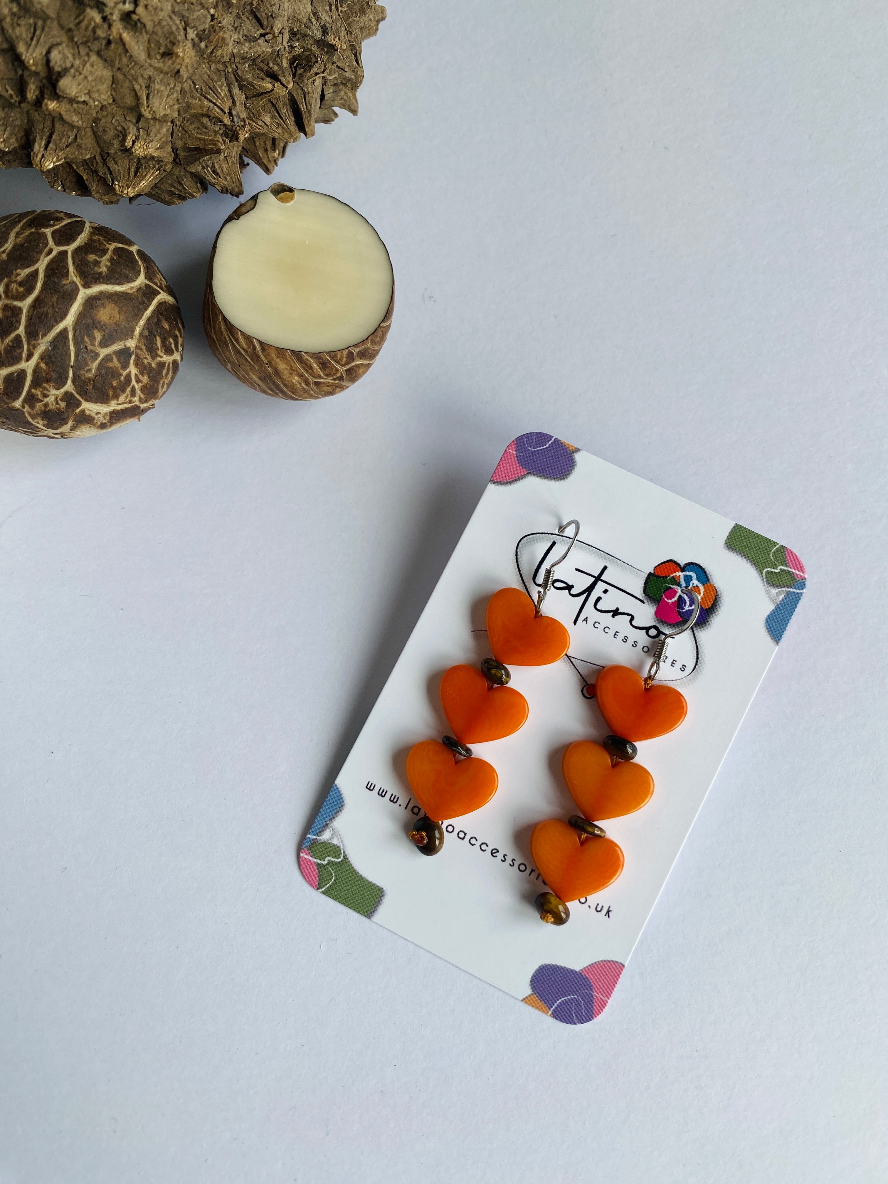 Three Hearts Tagua Earrings - Orange