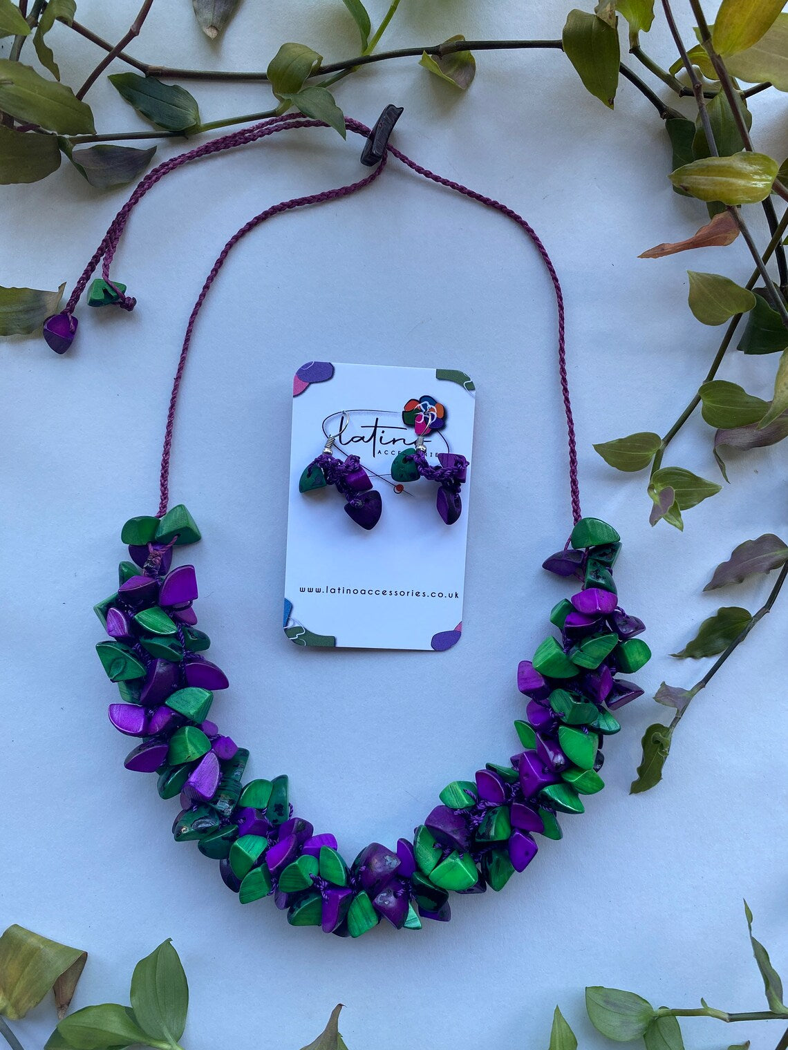 Green and purple trocitos necklace set