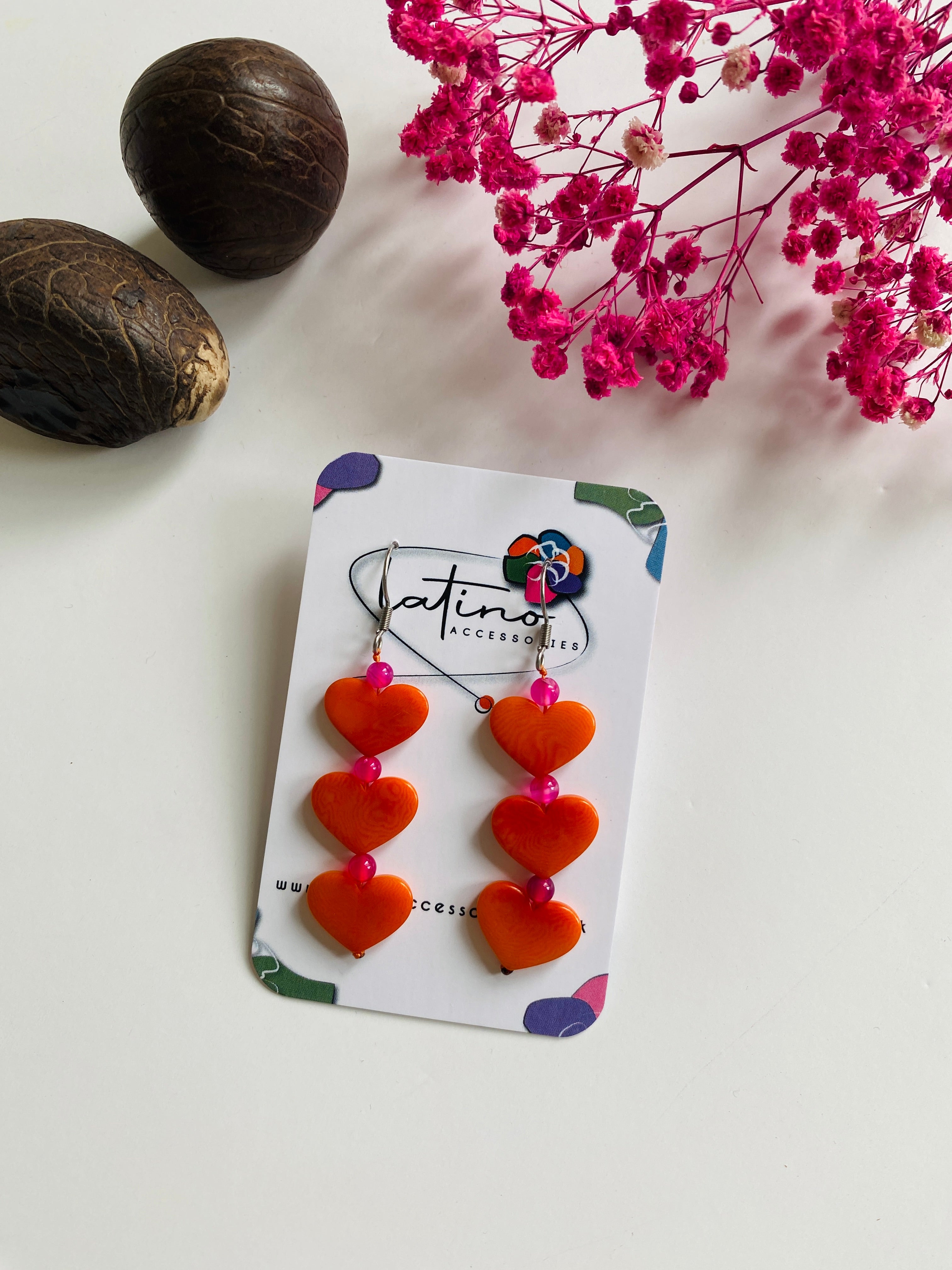 Three Hearts Tagua Earrings - Orange and Pink