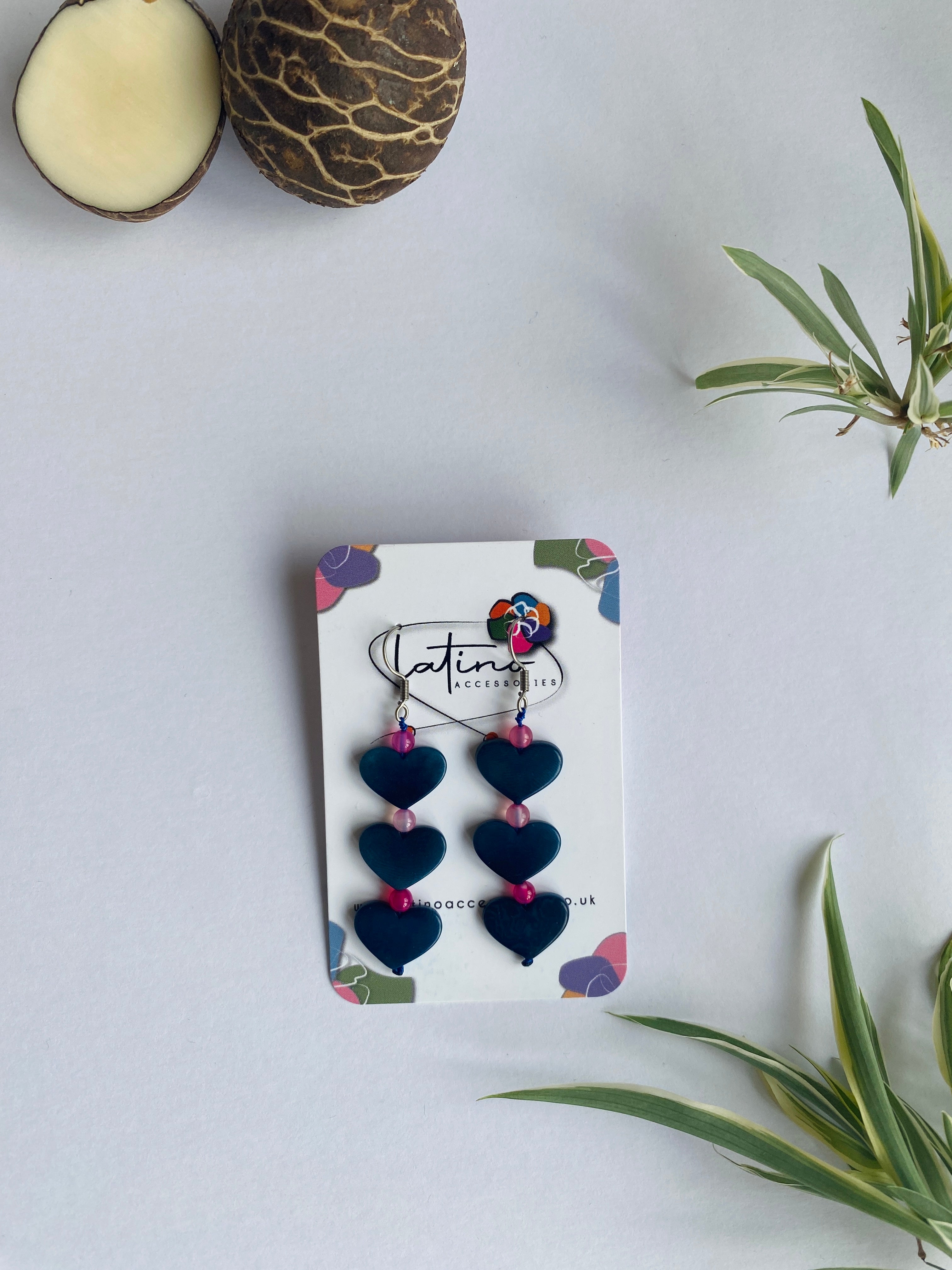 Blue Three Hearts Tagua Earrings