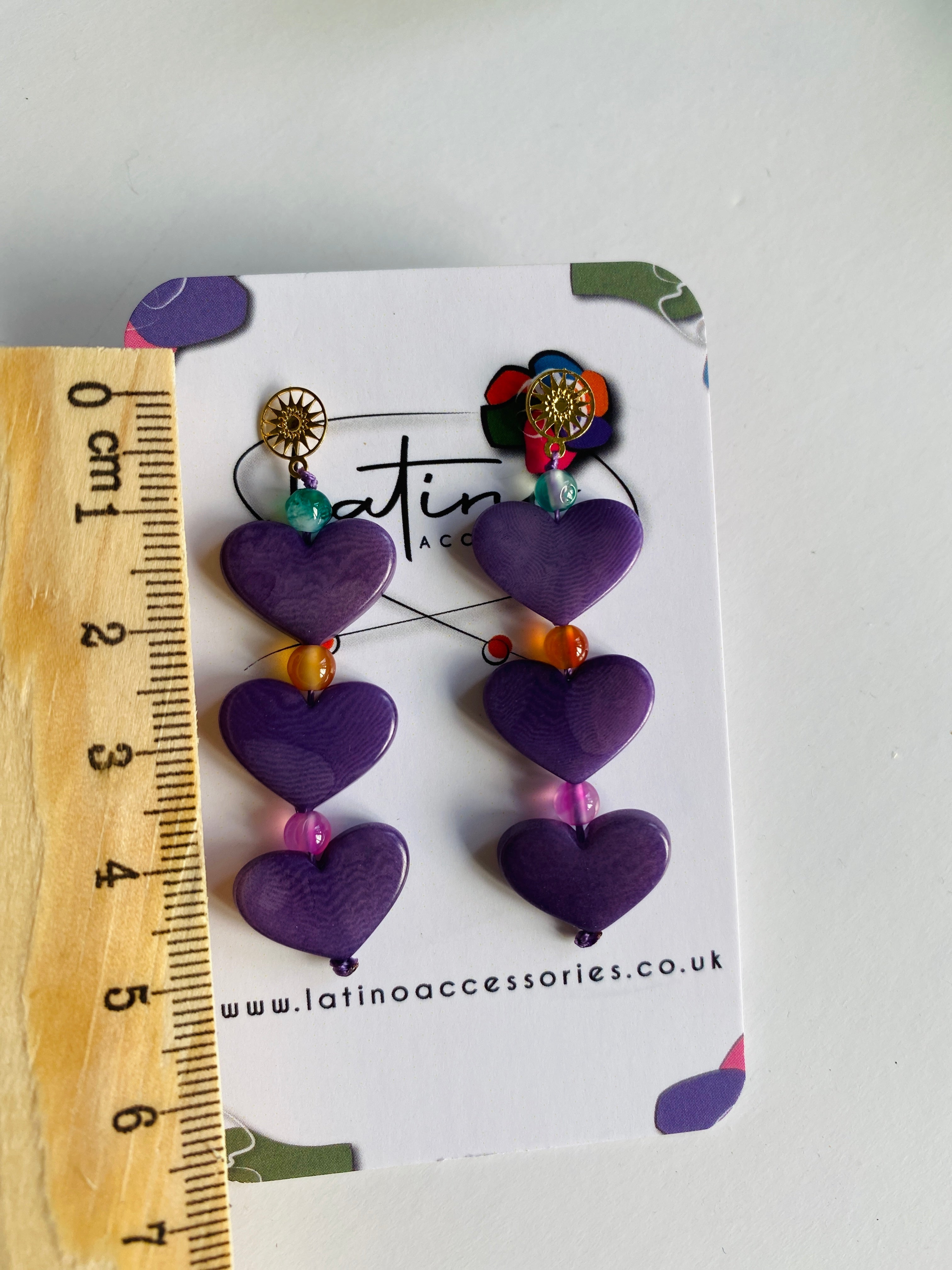 Three Hearts Tagua Earrings - Purple