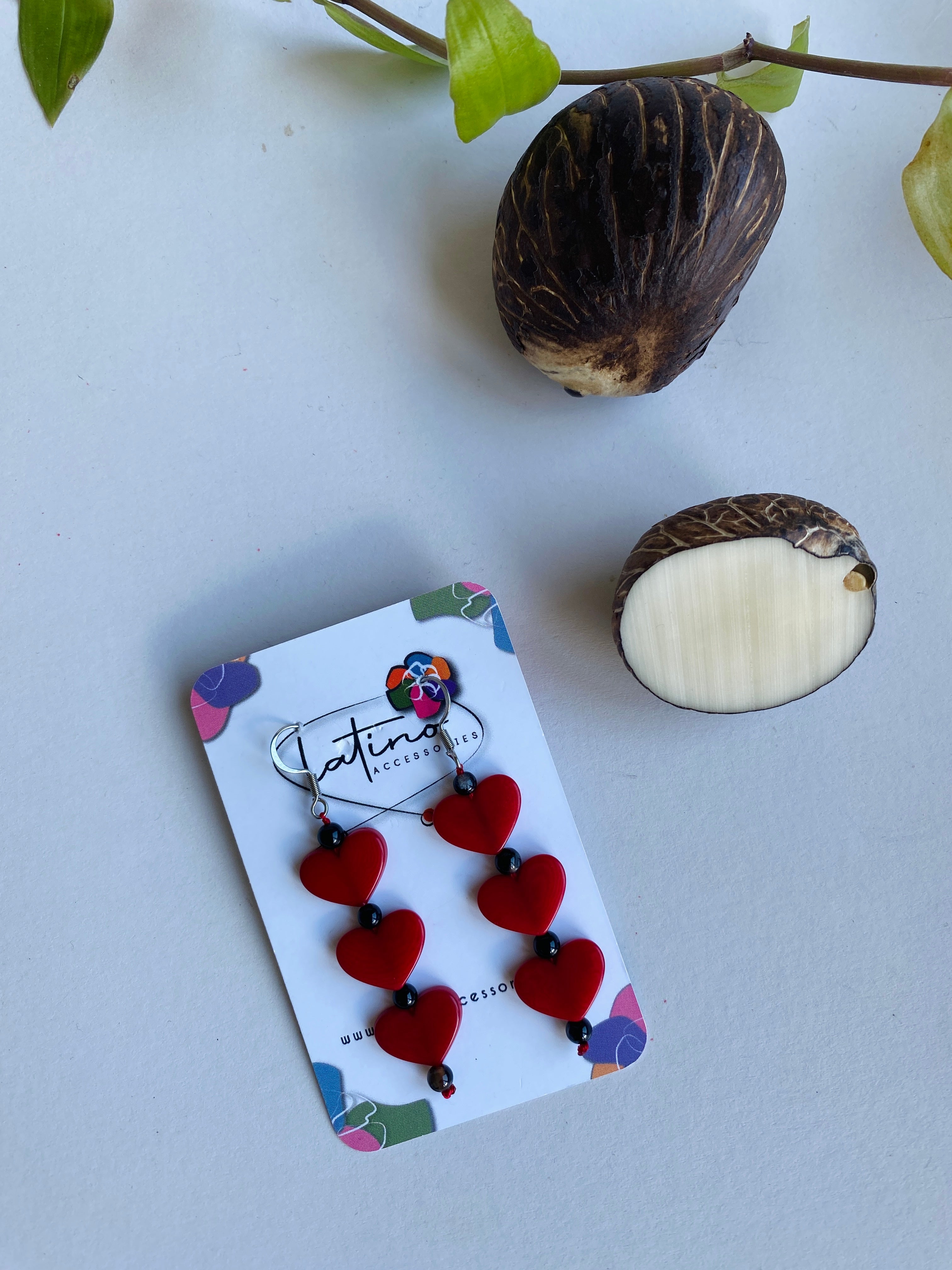 Three Hearts Tagua Earrings - Red