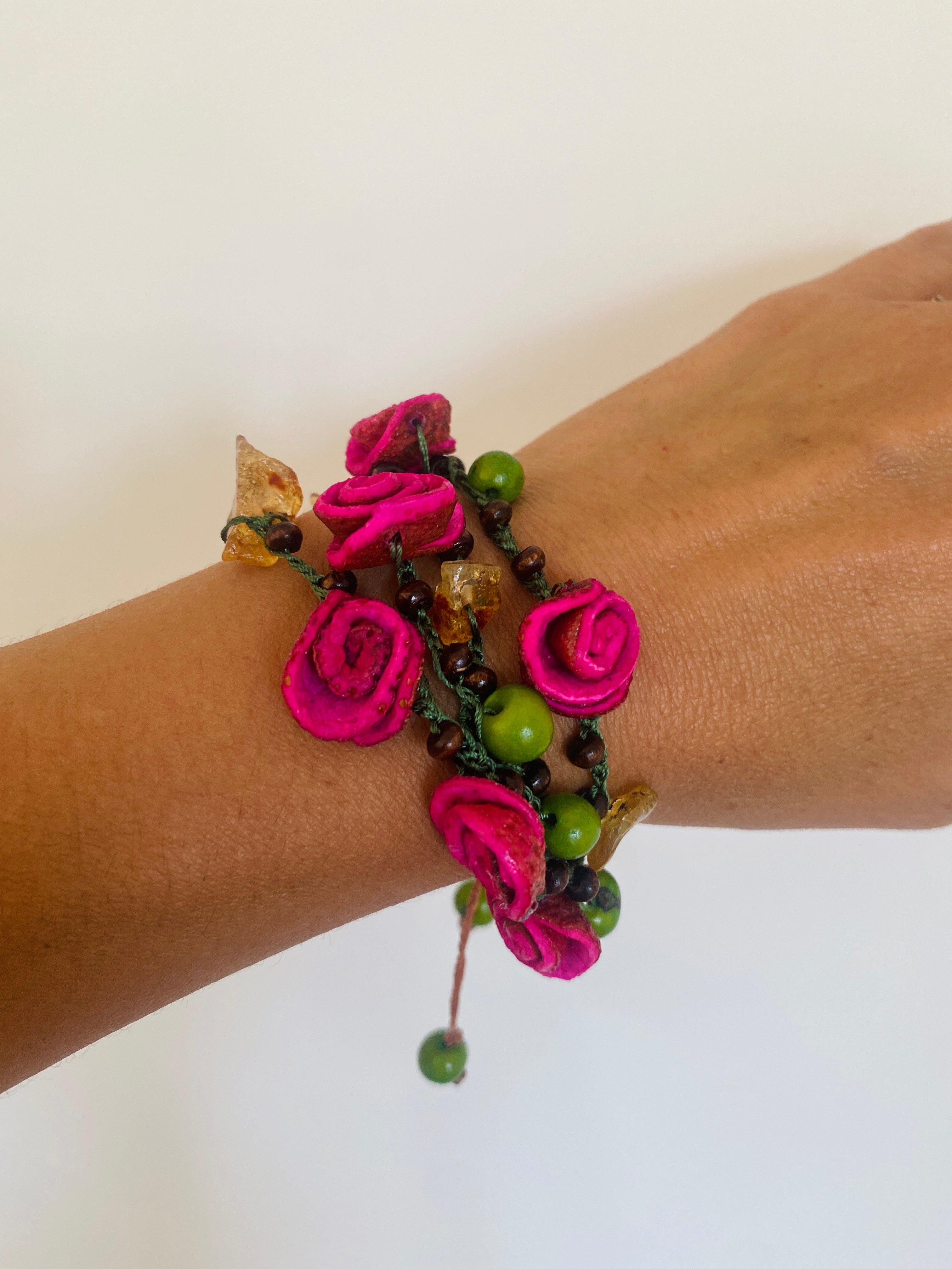 Green and Pink Orange Peel Roses Bracelet