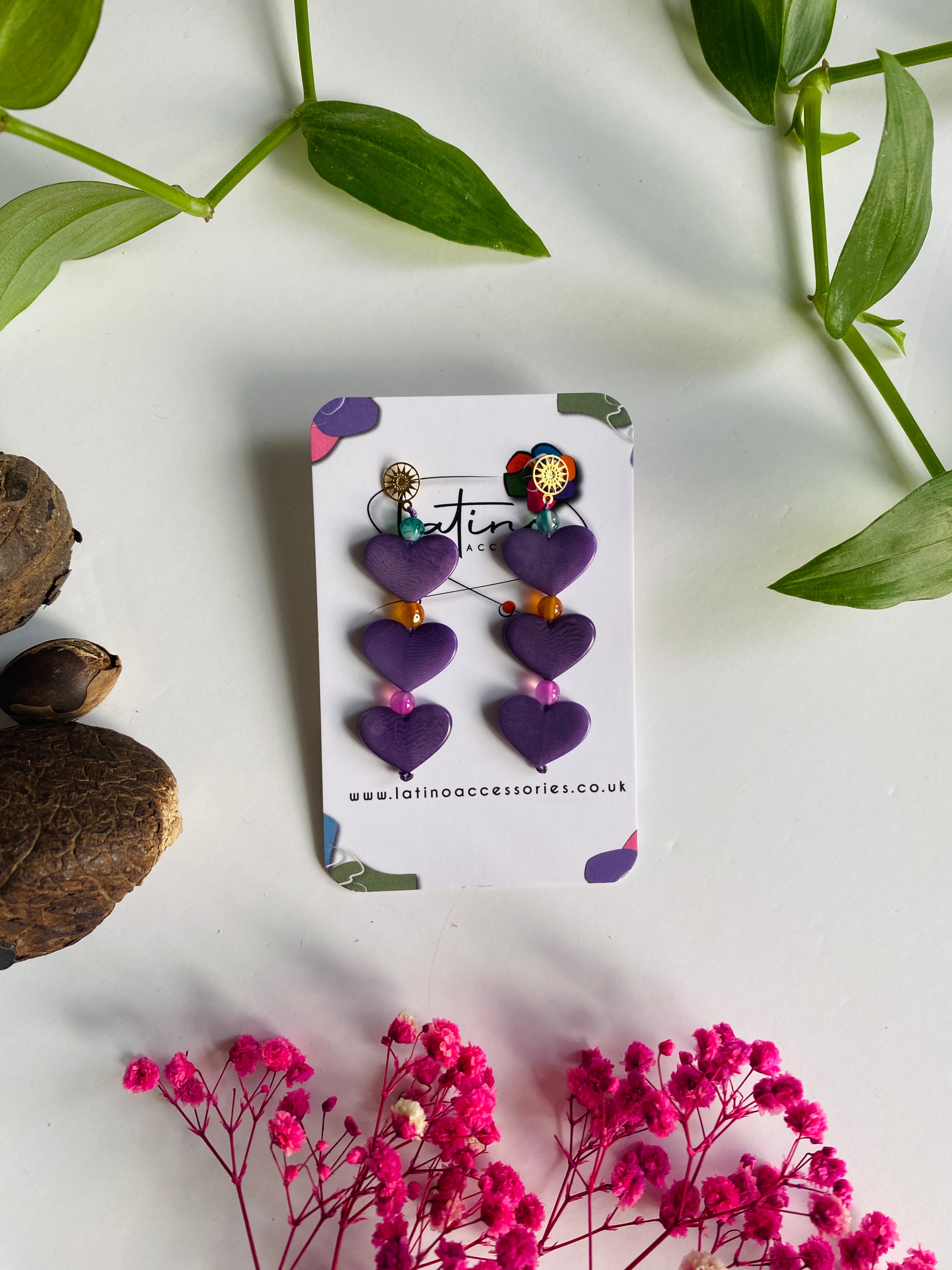 Three Hearts Tagua Earrings - Purple