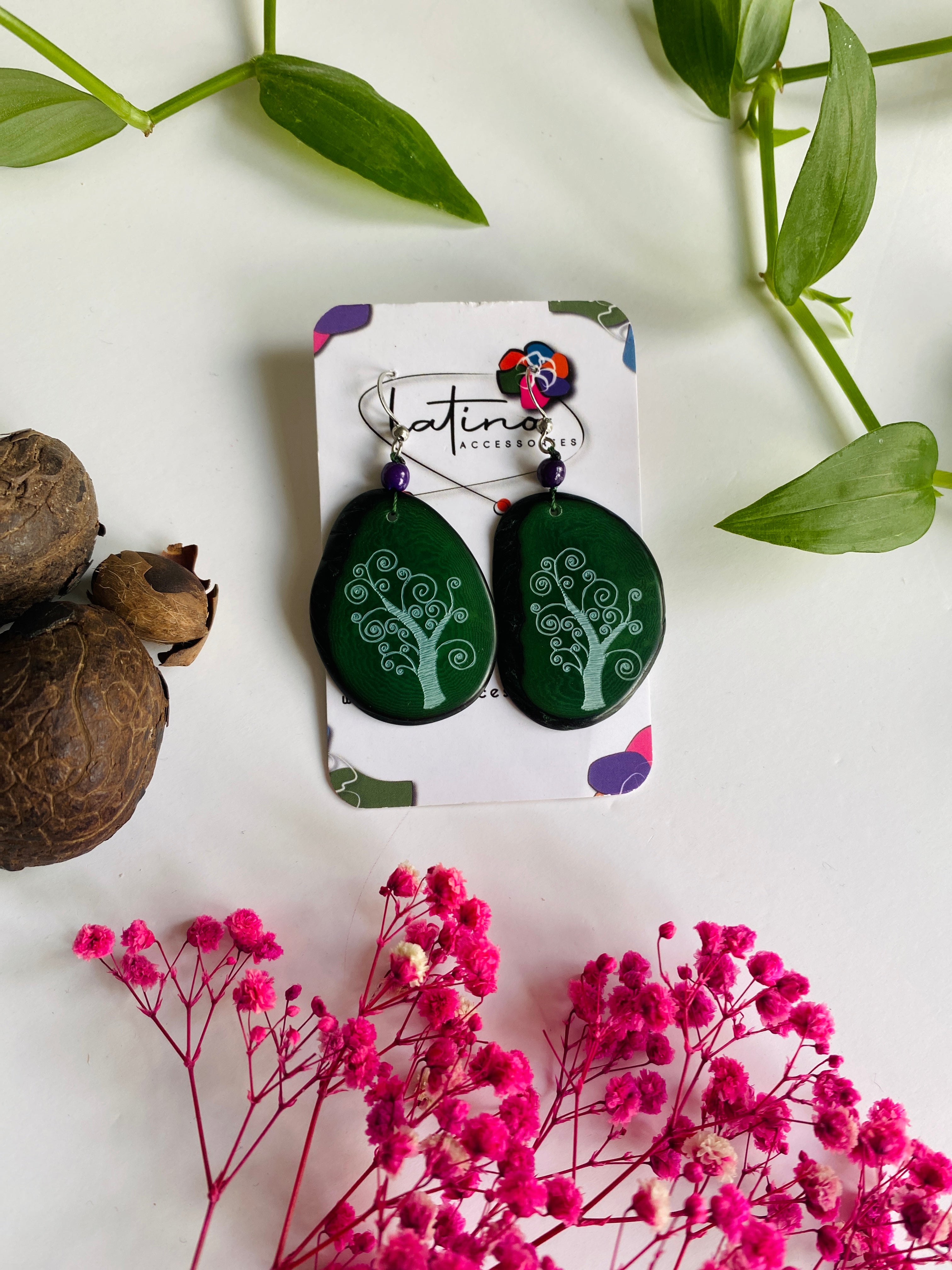 Green Tree Tagua Earrings