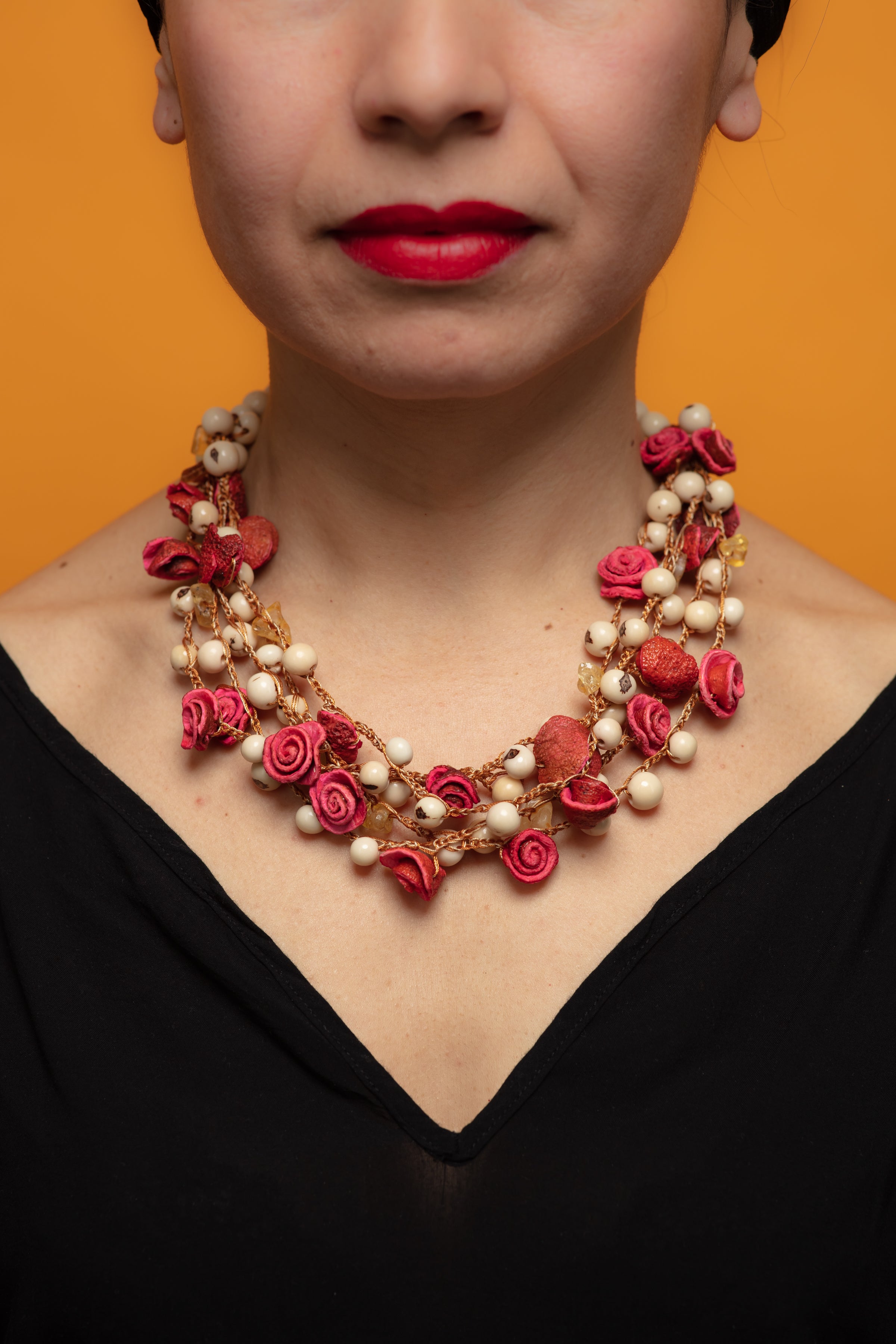 Pink/white orange peel necklace, pink roses necklace